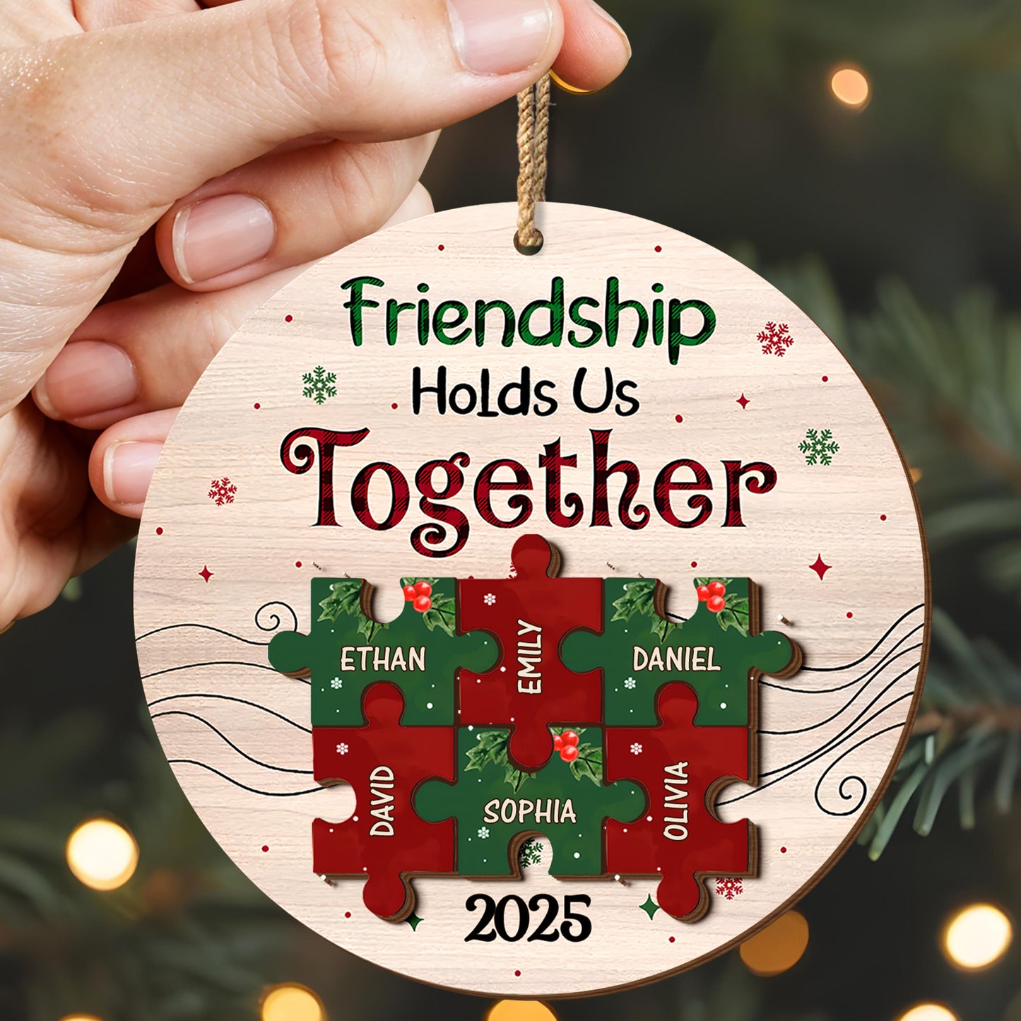 Friendship Hold Us Together With Puzzle Pieces And Holly - Personalized Double Layer Wood Ornament - BST223_DWO