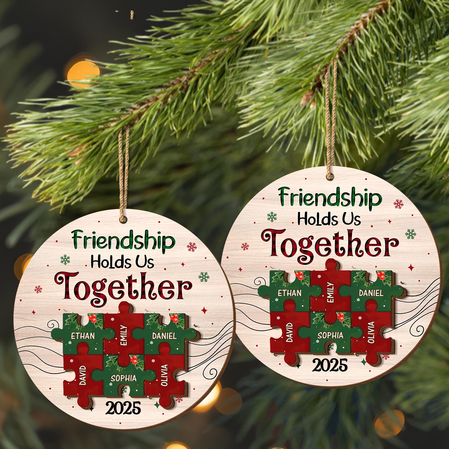 Friendship Hold Us Together With Puzzle Pieces And Holly - Personalized Double Layer Wood Ornament - BST223_DWO