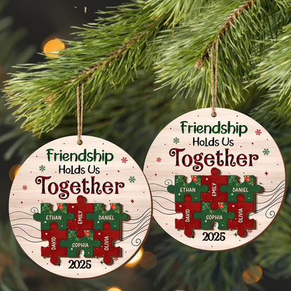 Friendship Hold Us Together With Puzzle Pieces And Holly - Personalized Double Layer Wood Ornament - BST223_DWO