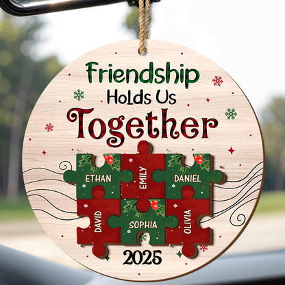 Friendship Hold Us Together With Puzzle Pieces And Holly - Personalized Double Layer Wood Ornament - BST223_DWO