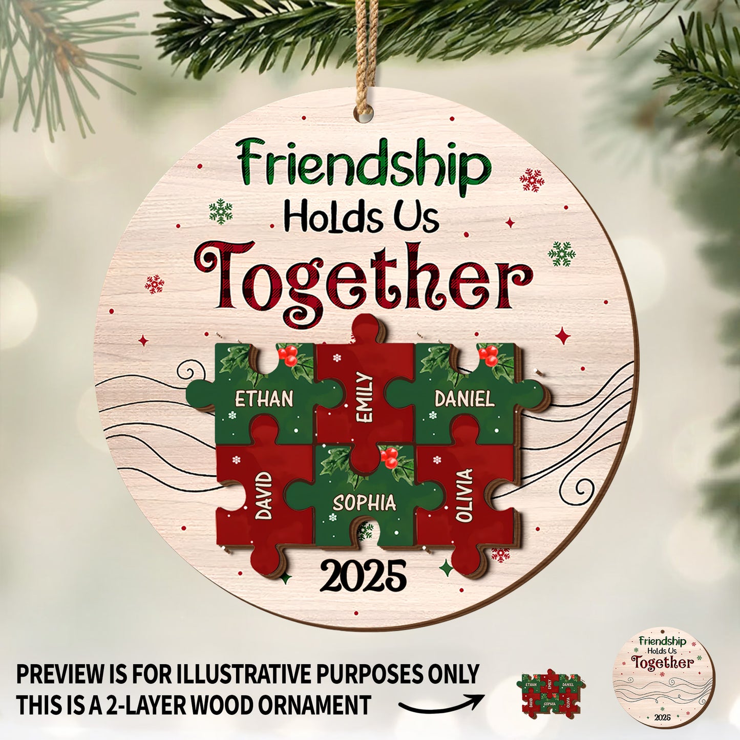 Friendship Hold Us Together With Puzzle Pieces And Holly - Personalized Double Layer Wood Ornament - BST223_DWO