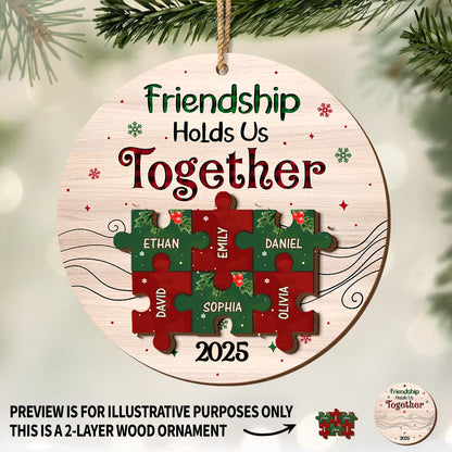 Friendship Hold Us Together With Puzzle Pieces And Holly - Personalized Double Layer Wood Ornament - BST223_DWO