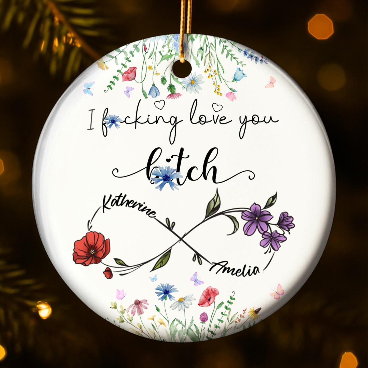 Te amo, puta, con elegante diseño floral - Adorno de cerámica redondo personalizado - BST227_RCE