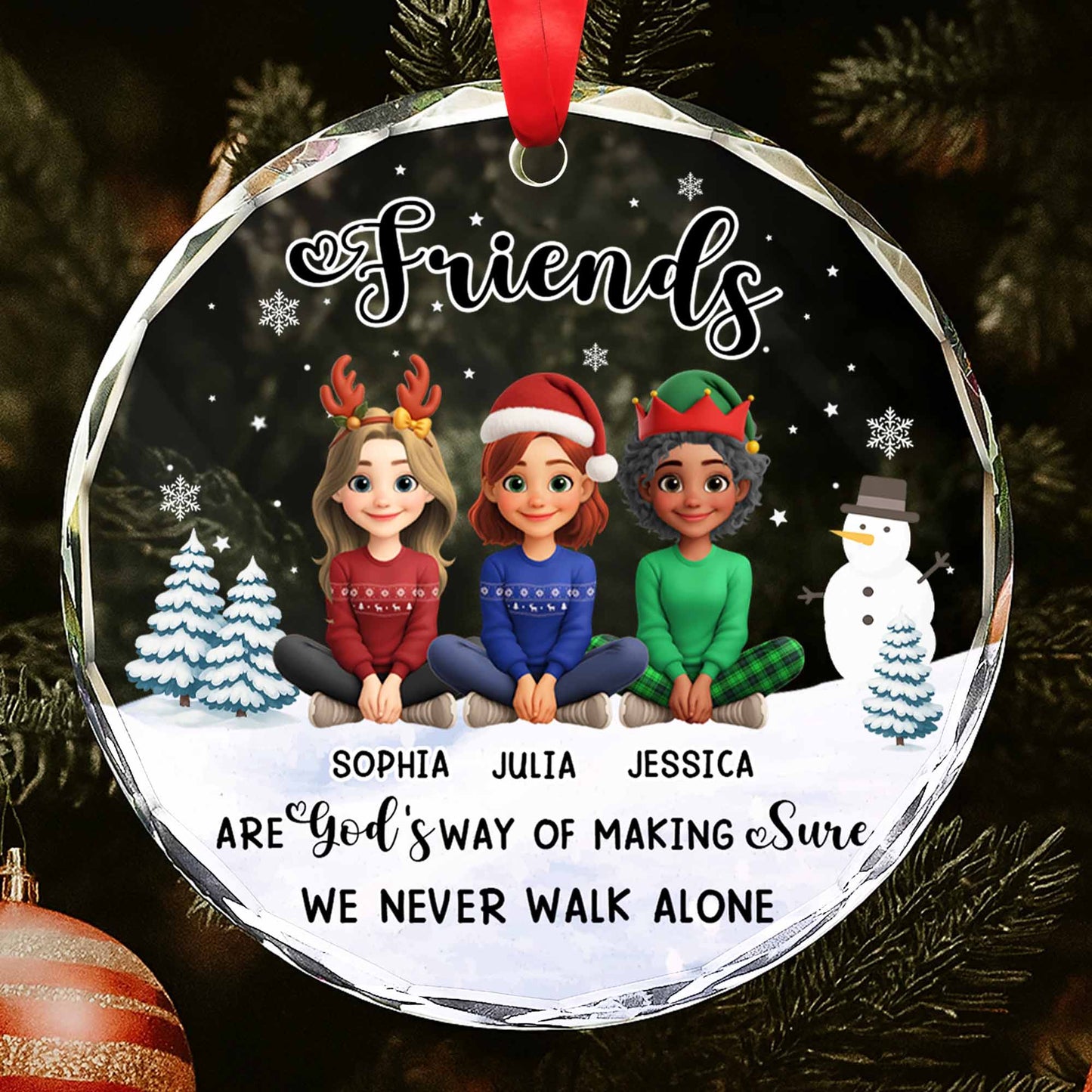 Friends Are God's Way Of Making Sure, Animated Characters, Snowman, Christmas Tree