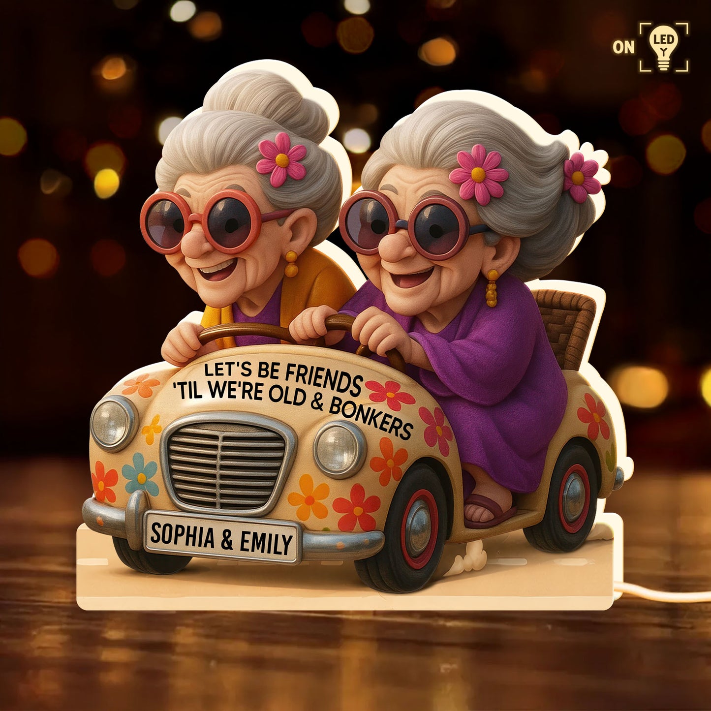 Let's Be Friends 'Til We're Old & Bonkers, Elderly Women In Vintage Car - Personalized Acrylic LED Light Box - BST238_ALIBO