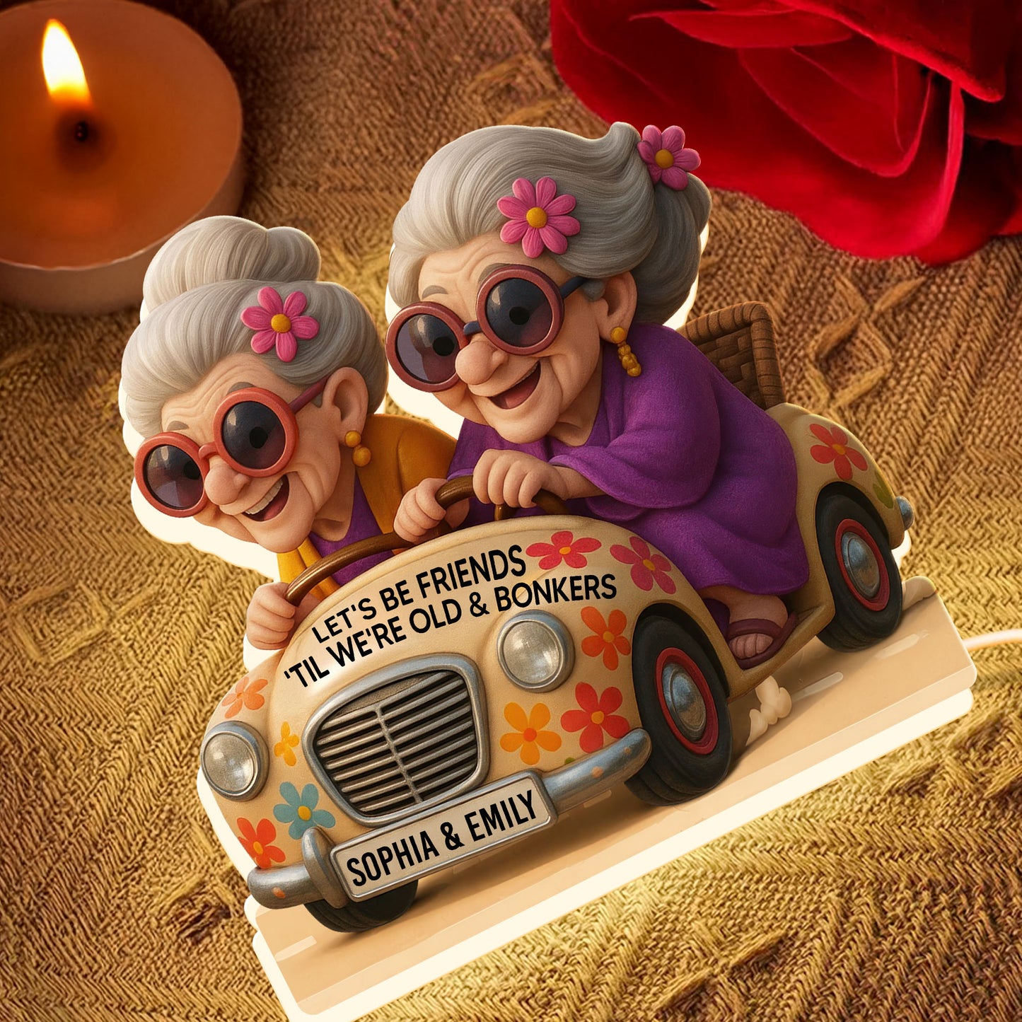 Let's Be Friends 'Til We're Old & Bonkers, Elderly Women In Vintage Car - Personalized Acrylic LED Light Box - BST238_ALIBO