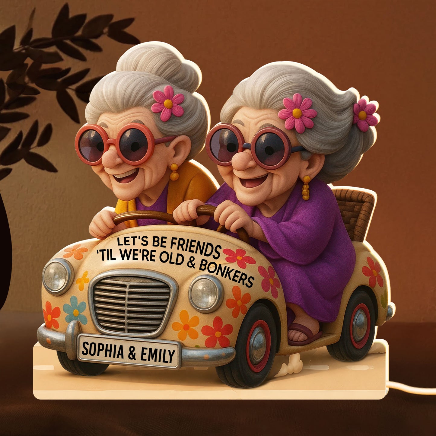Let's Be Friends 'Til We're Old & Bonkers, Elderly Women In Vintage Car - Personalized Acrylic LED Light Box - BST238_ALIBO