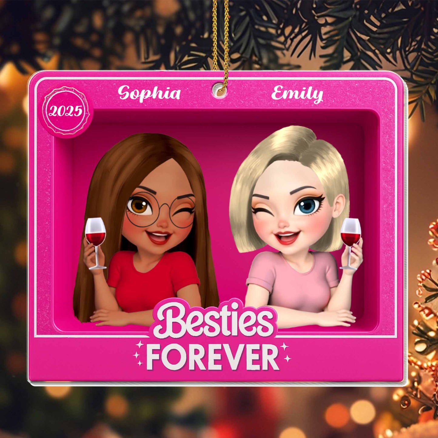 Besties Forever With Cartoon Girls And Wine Glasses