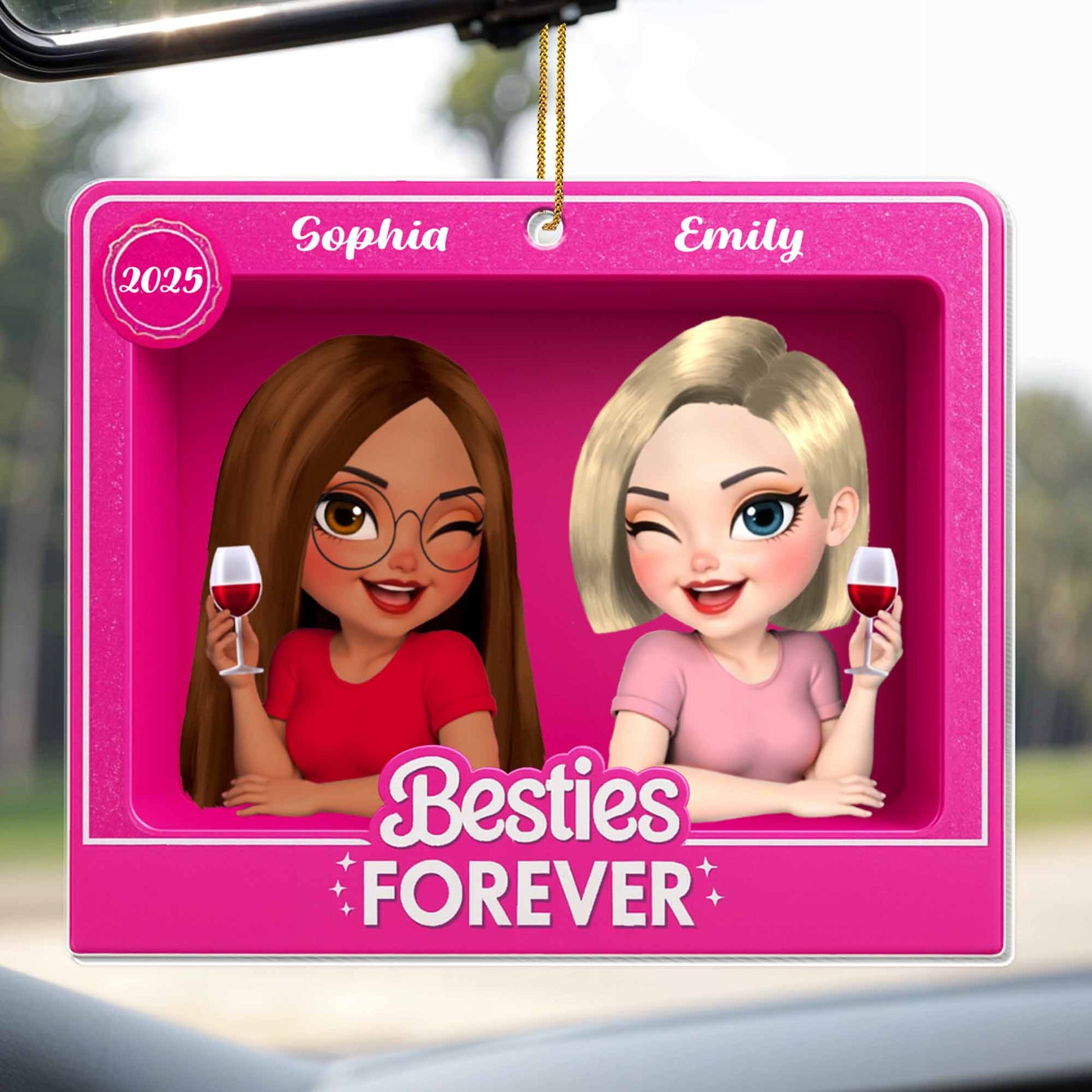 Besties Forever With Cartoon Girls And Wine Glasses