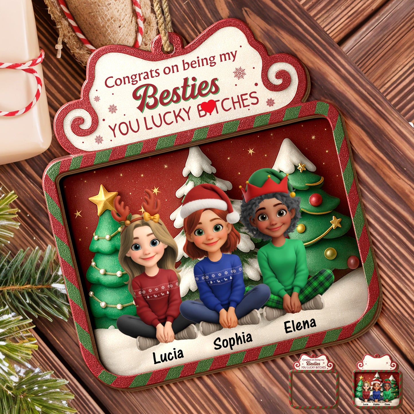 Congrats On Being My Besties With Christmas Trees And Santa Hats - Personalized Double Layer Wood Ornament - BST264_DWO