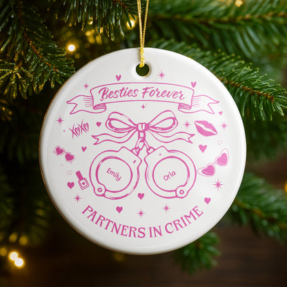 Partners In Crime With Handcuffs And Hearts - Personalized Custom Ceramic Ornament With Round Shape - BST282_RCE