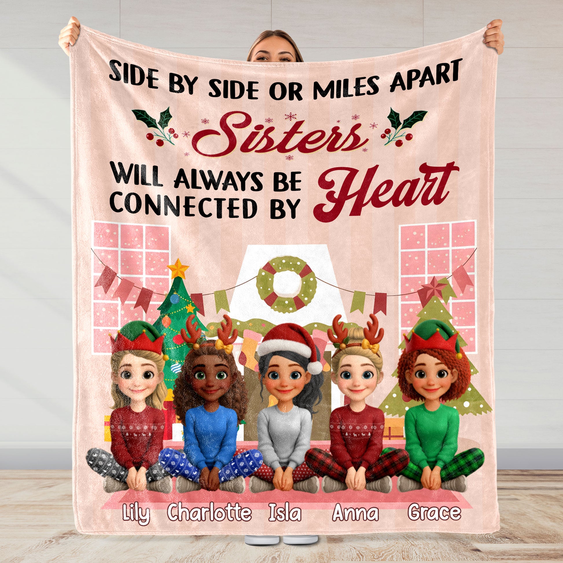 Sisters Always Connected By Heart With Christmas Wreath