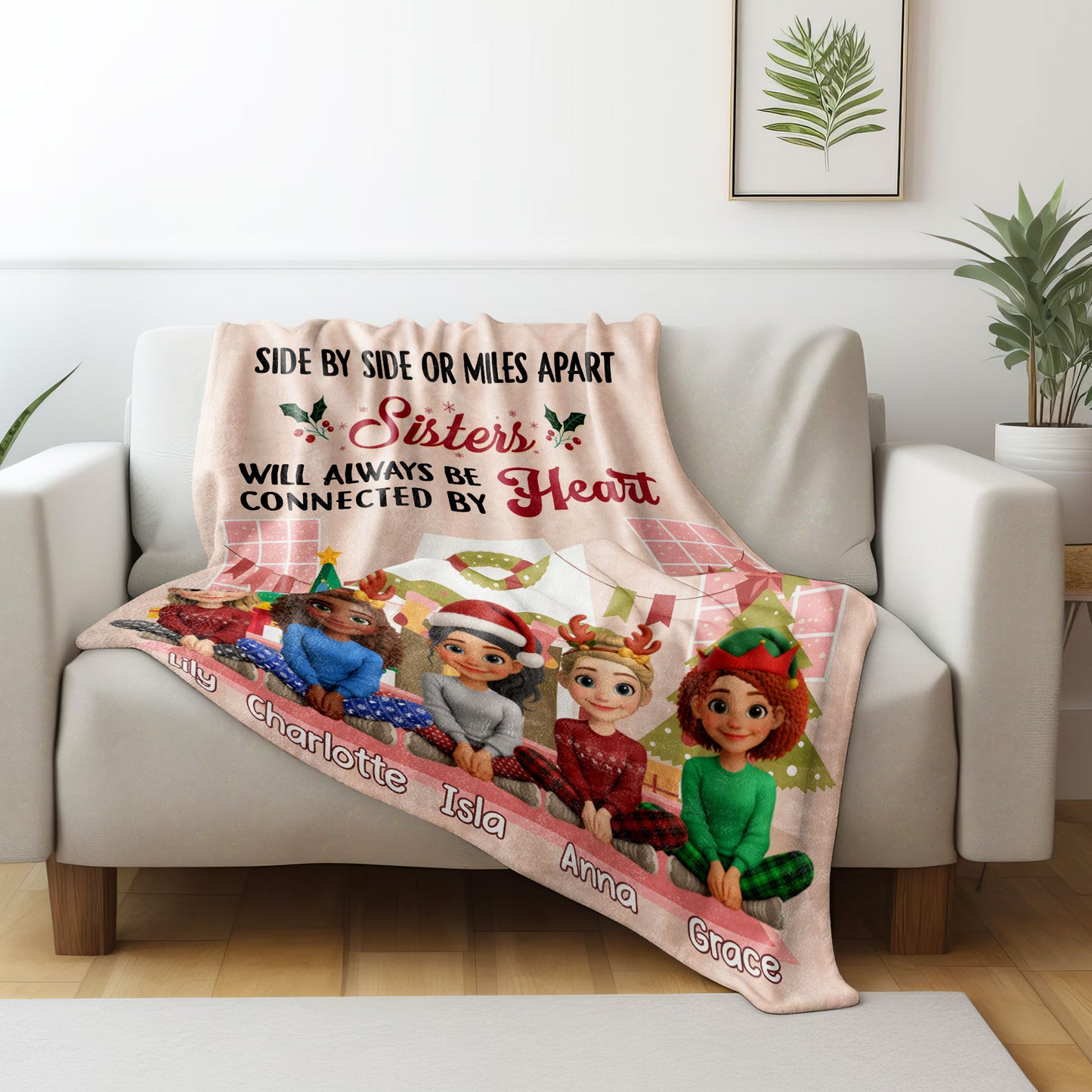 Sisters Always Connected By Heart With Christmas Wreath