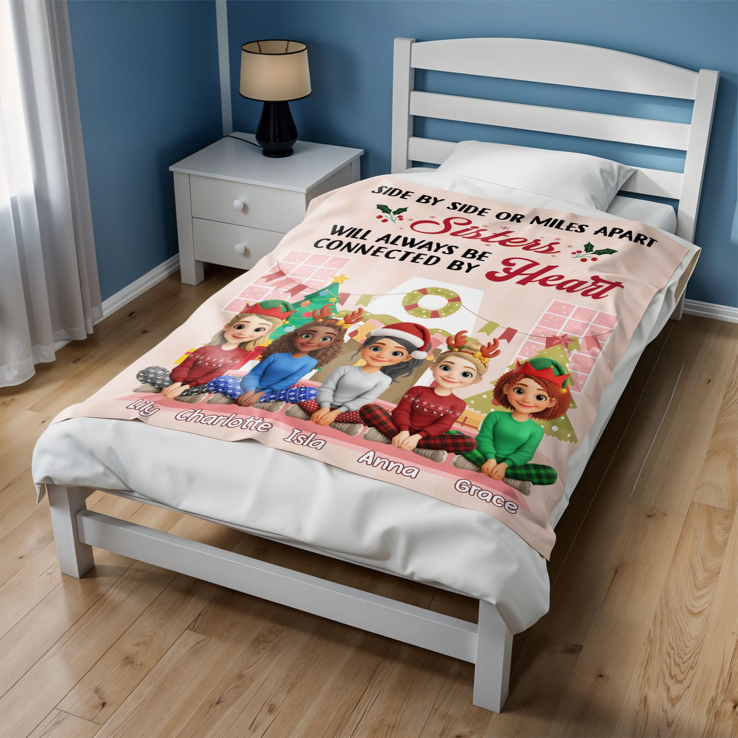 Sisters Always Connected By Heart With Christmas Wreath