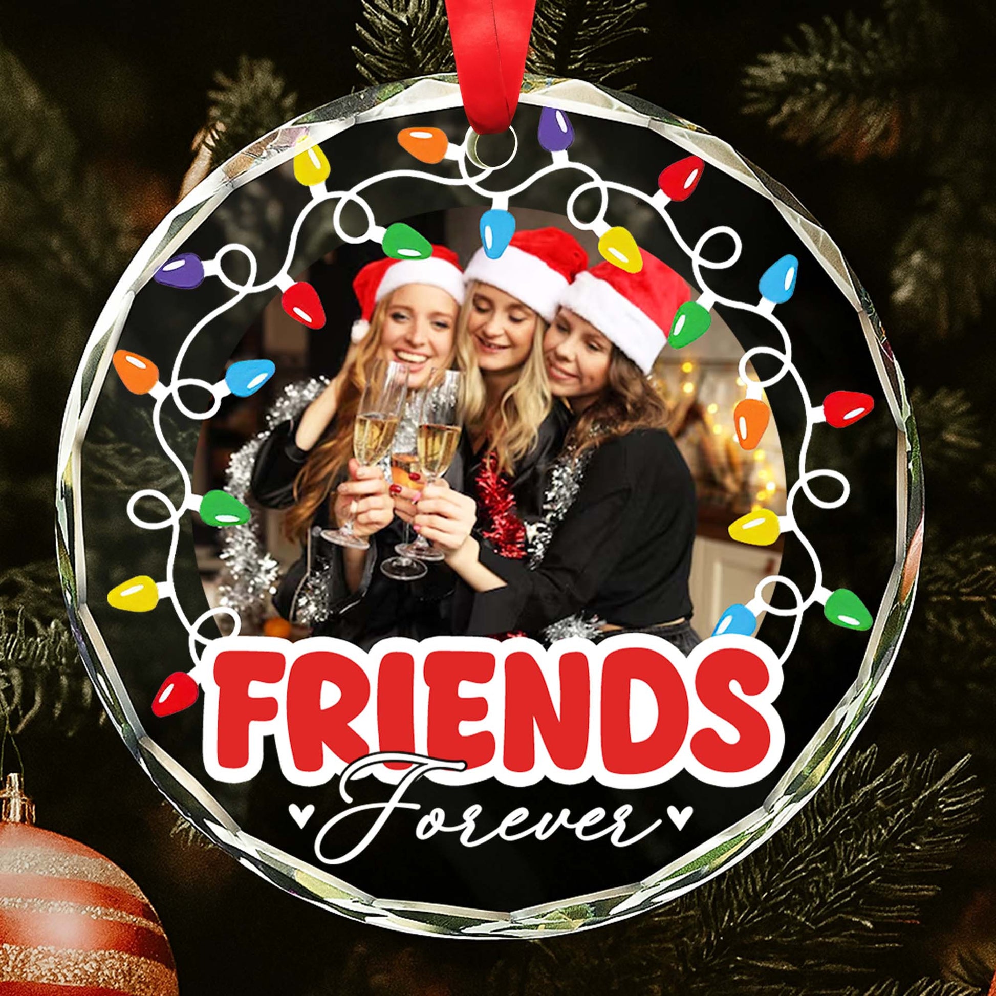Friends Forever With Santa Hats and Christmas Lights
