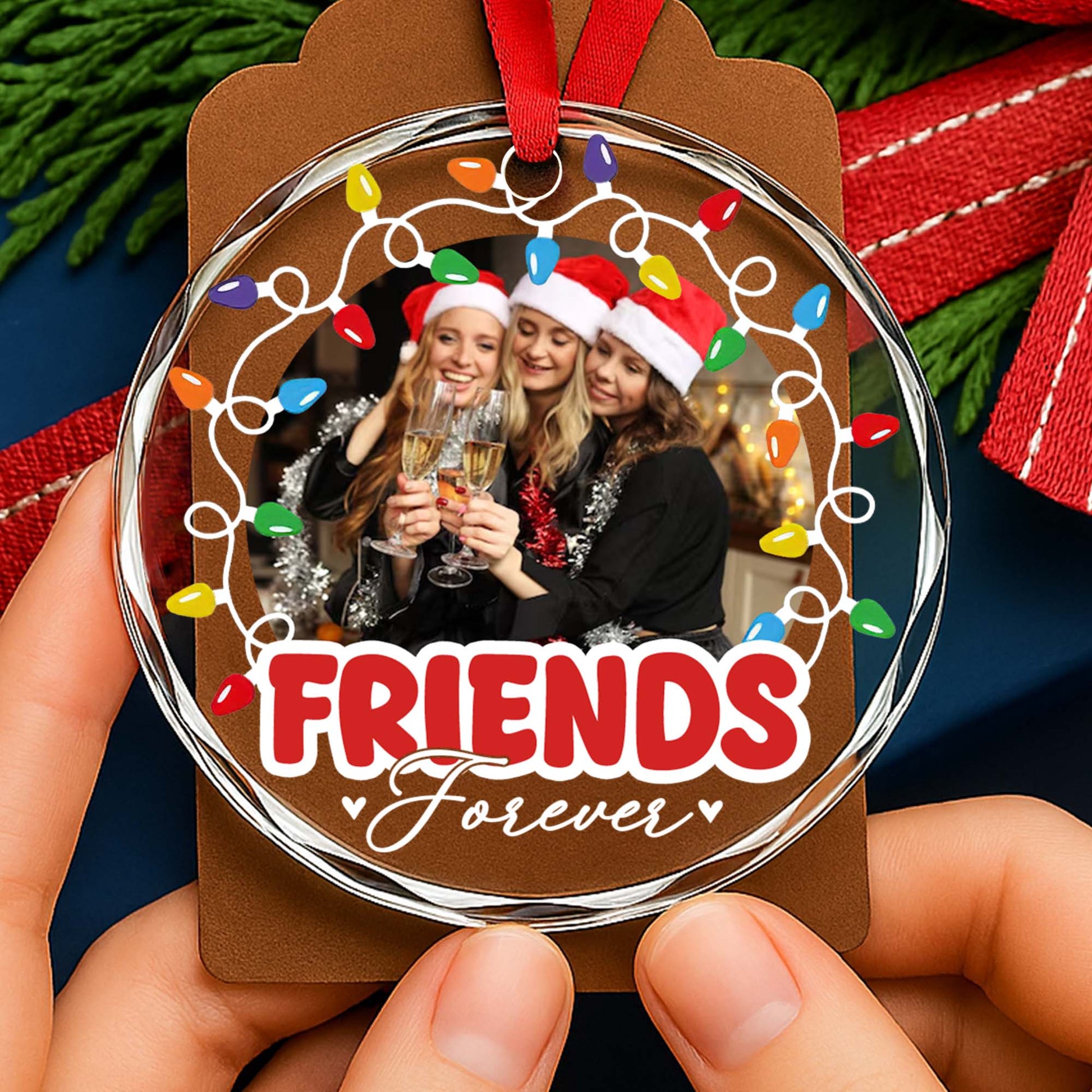 Friends Forever With Santa Hats and Christmas Lights