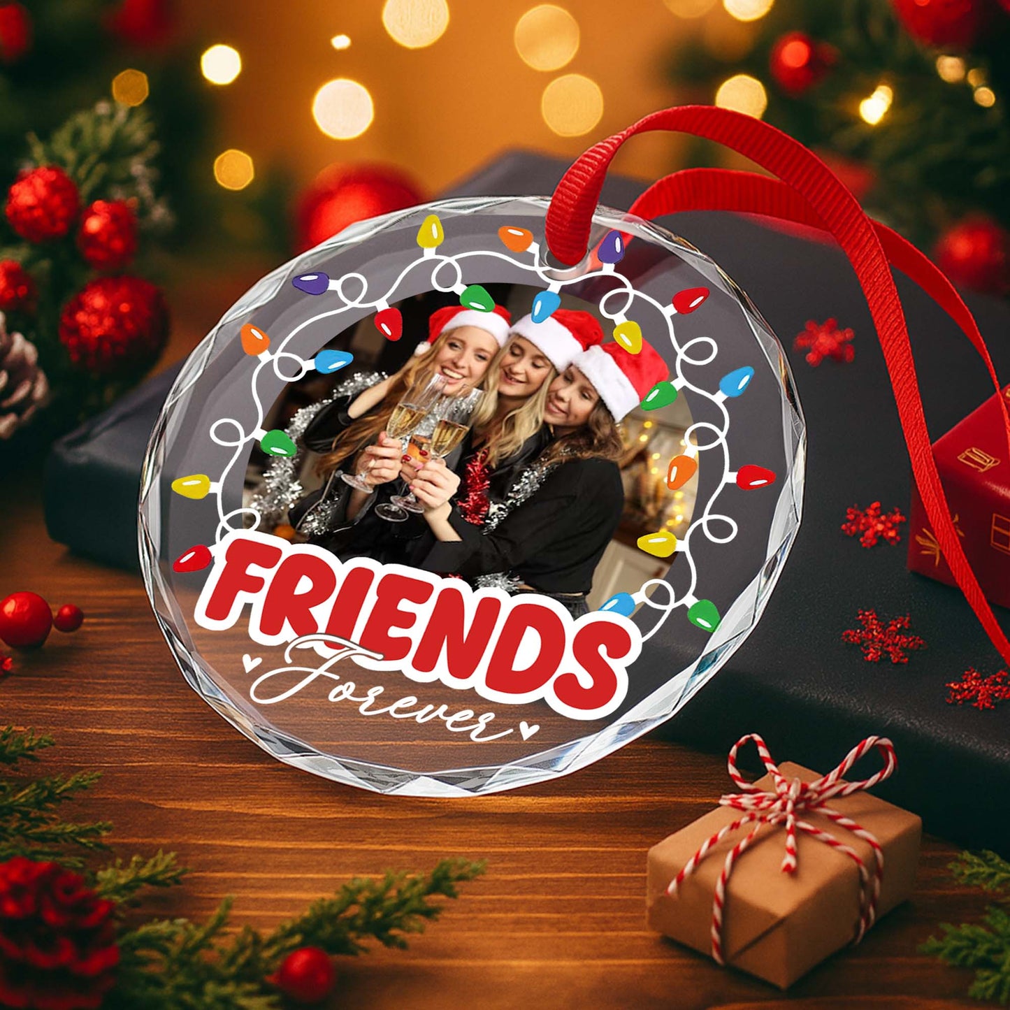 Friends Forever With Santa Hats and Christmas Lights