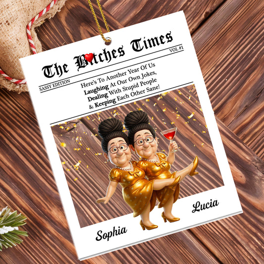 Here's To Another Year Of Us, Newspaper, Two Women, Champagne Glass - Personalized Custom Acrylic Ornament, Christmas Gift - BST380_ACO