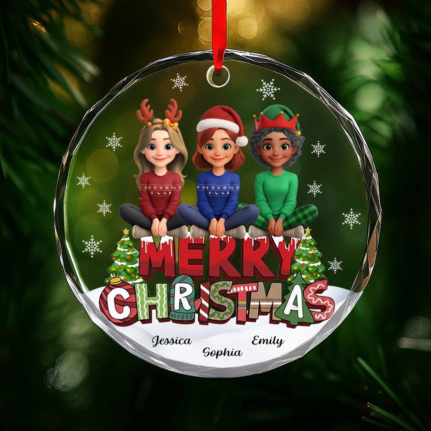 Merry Christmas With Animated Characters And Snowflakes