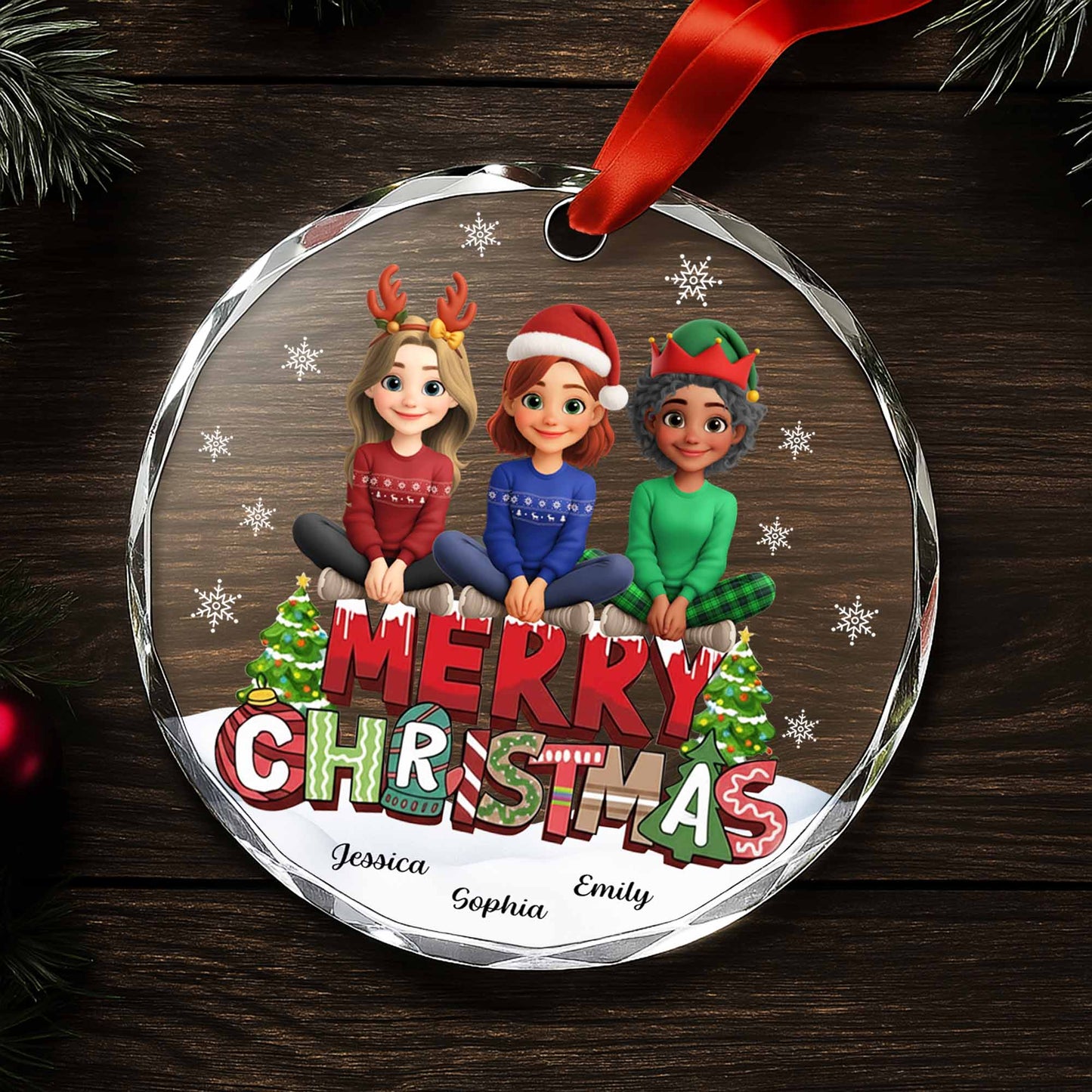 Merry Christmas With Animated Characters And Snowflakes