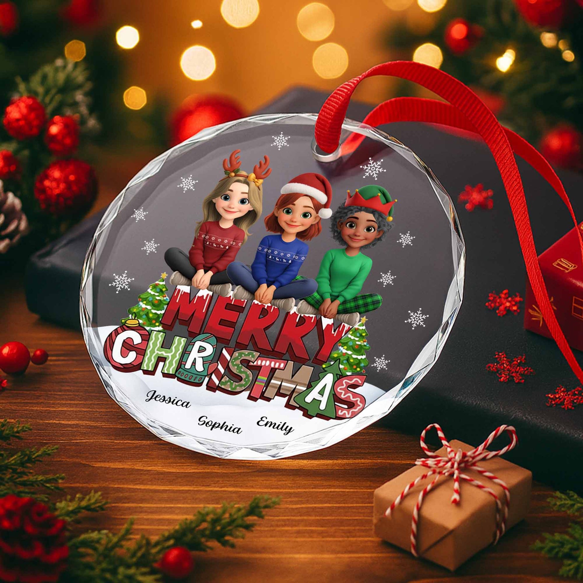 Merry Christmas With Animated Characters And Snowflakes