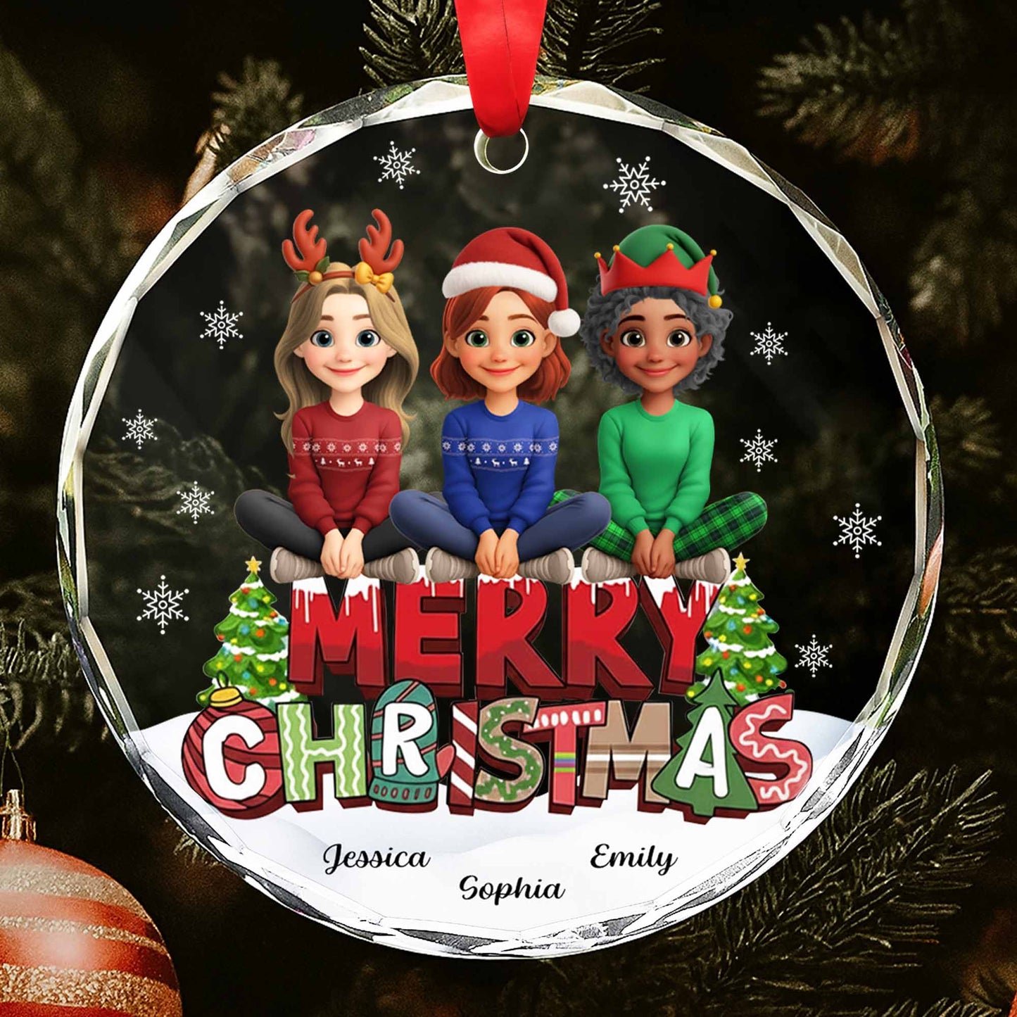 Merry Christmas With Animated Characters And Snowflakes