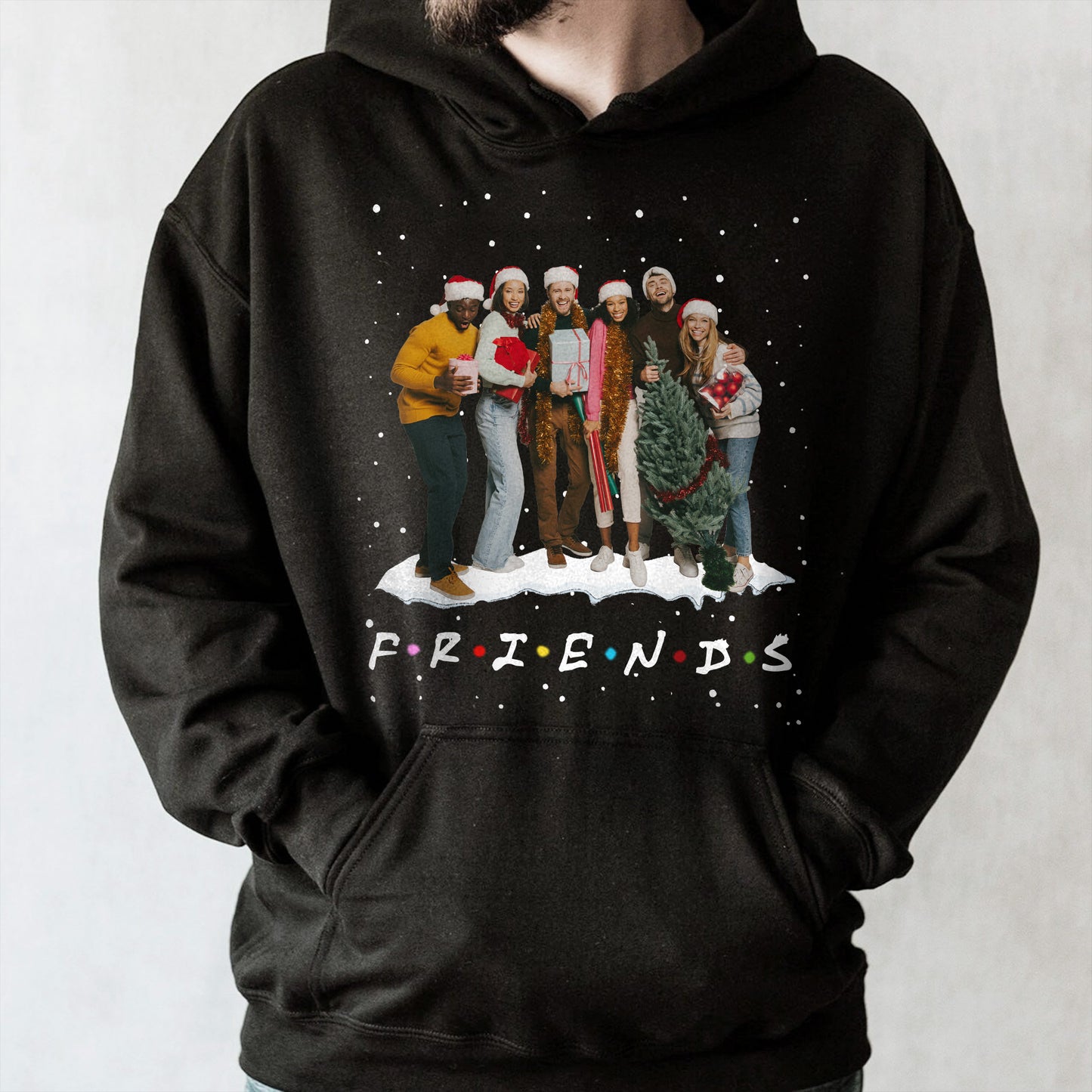 Friends Celebrating With Christmas Tree And Gifts