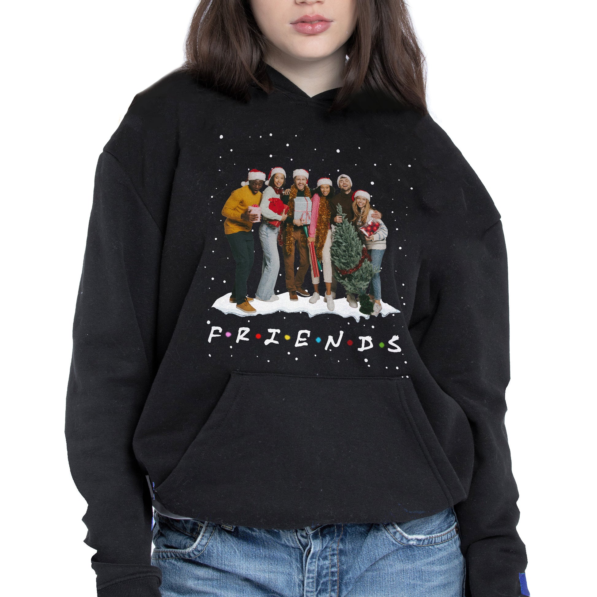 Friends Celebrating With Christmas Tree And Gifts