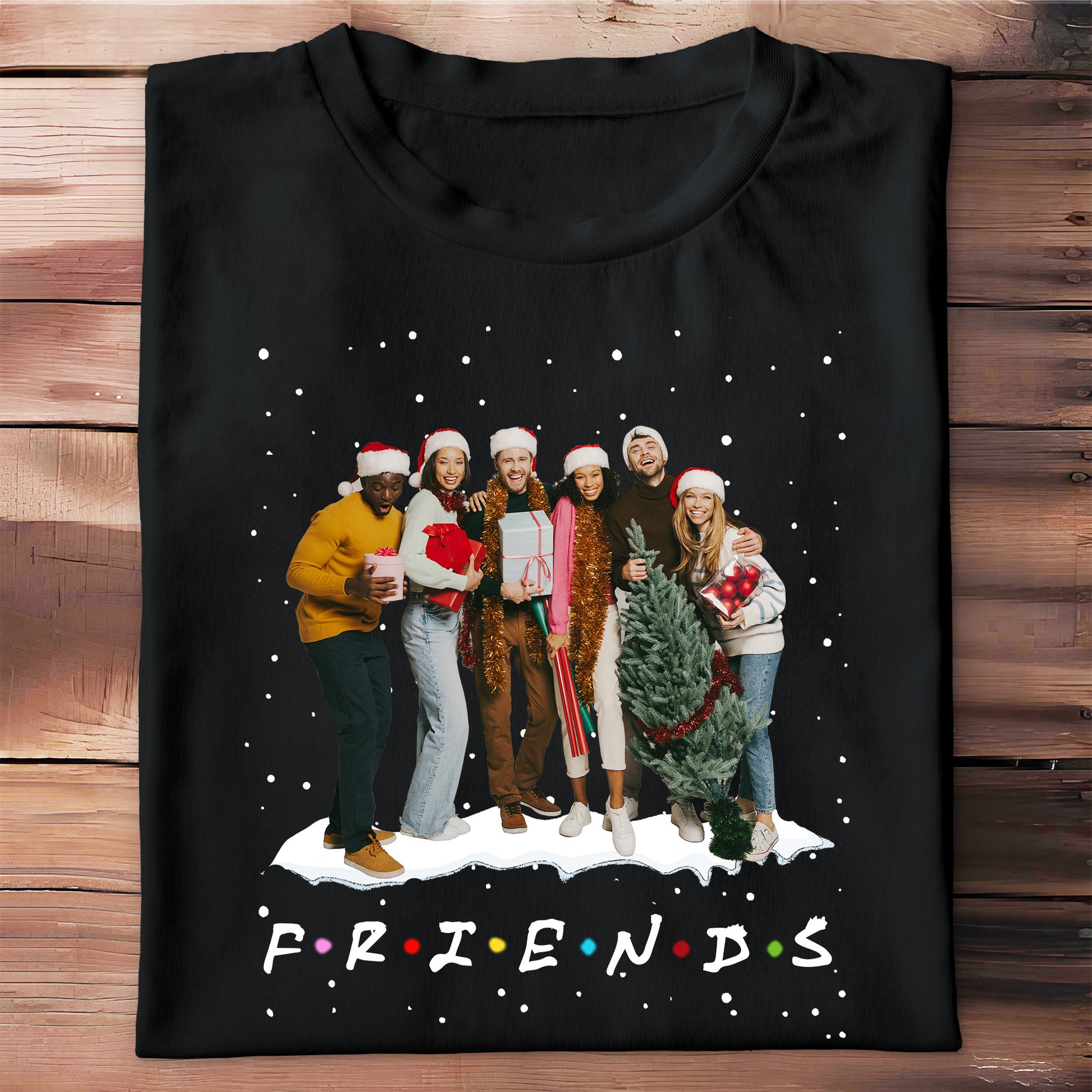 Friends Celebrating With Christmas Tree And Gifts