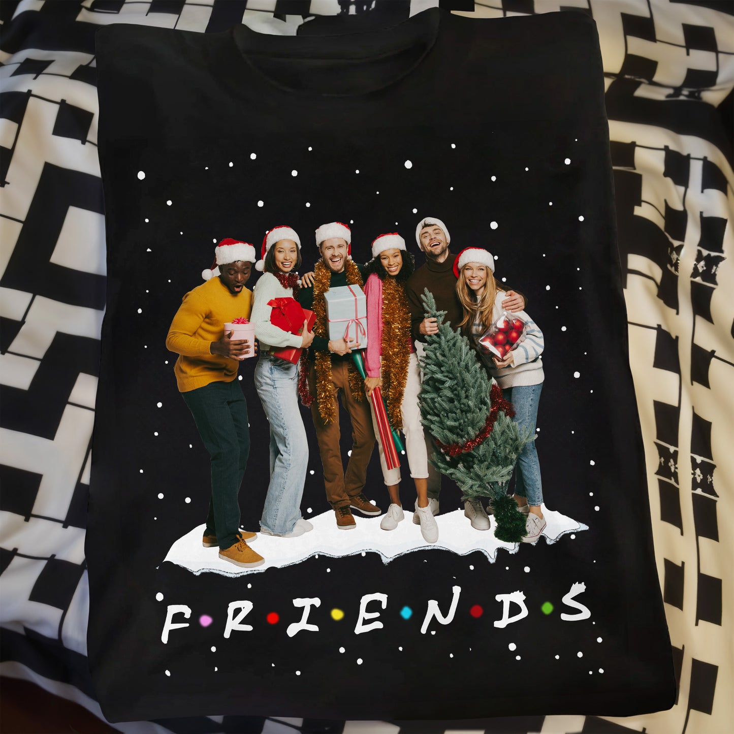 Friends Celebrating With Christmas Tree And Gifts