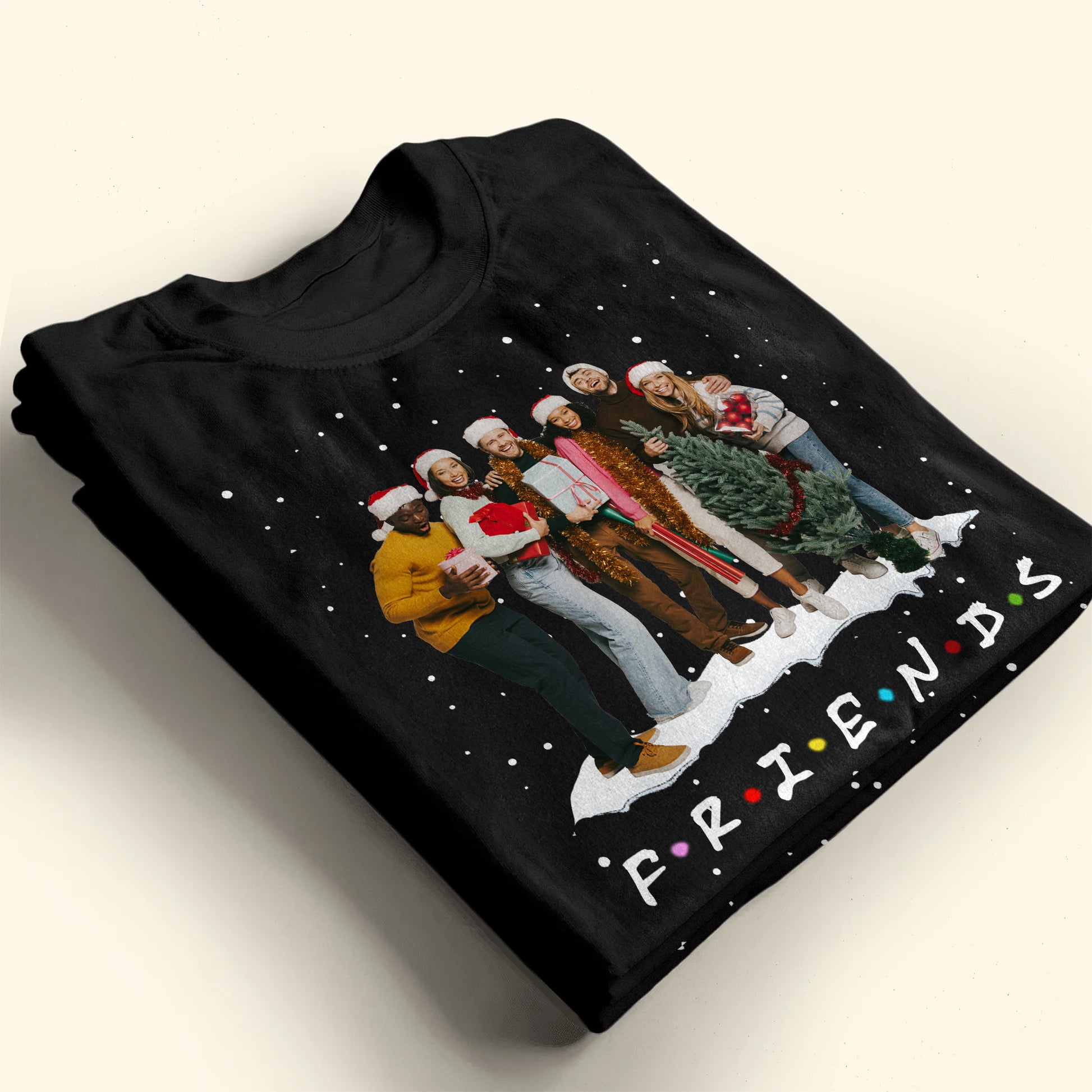 Friends Celebrating With Christmas Tree And Gifts