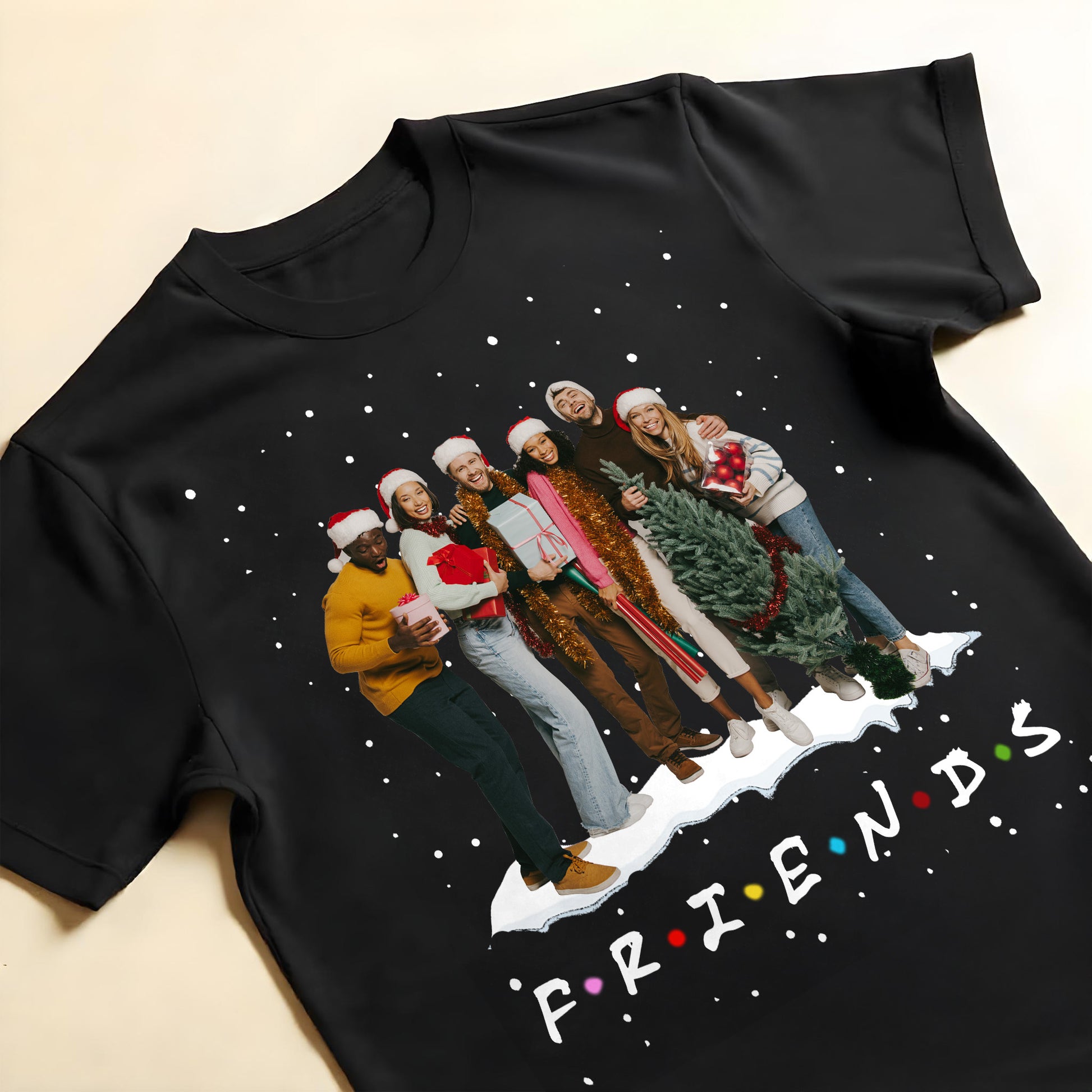 Friends Celebrating With Christmas Tree And Gifts