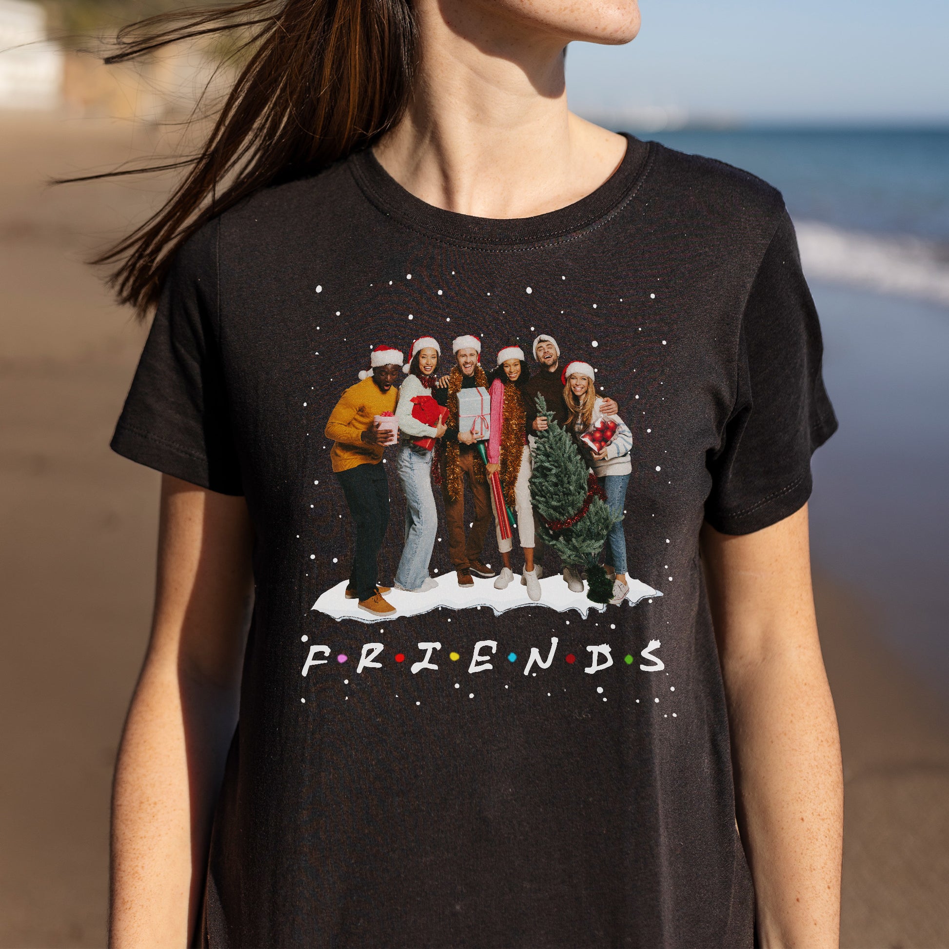 Friends Celebrating With Christmas Tree And Gifts