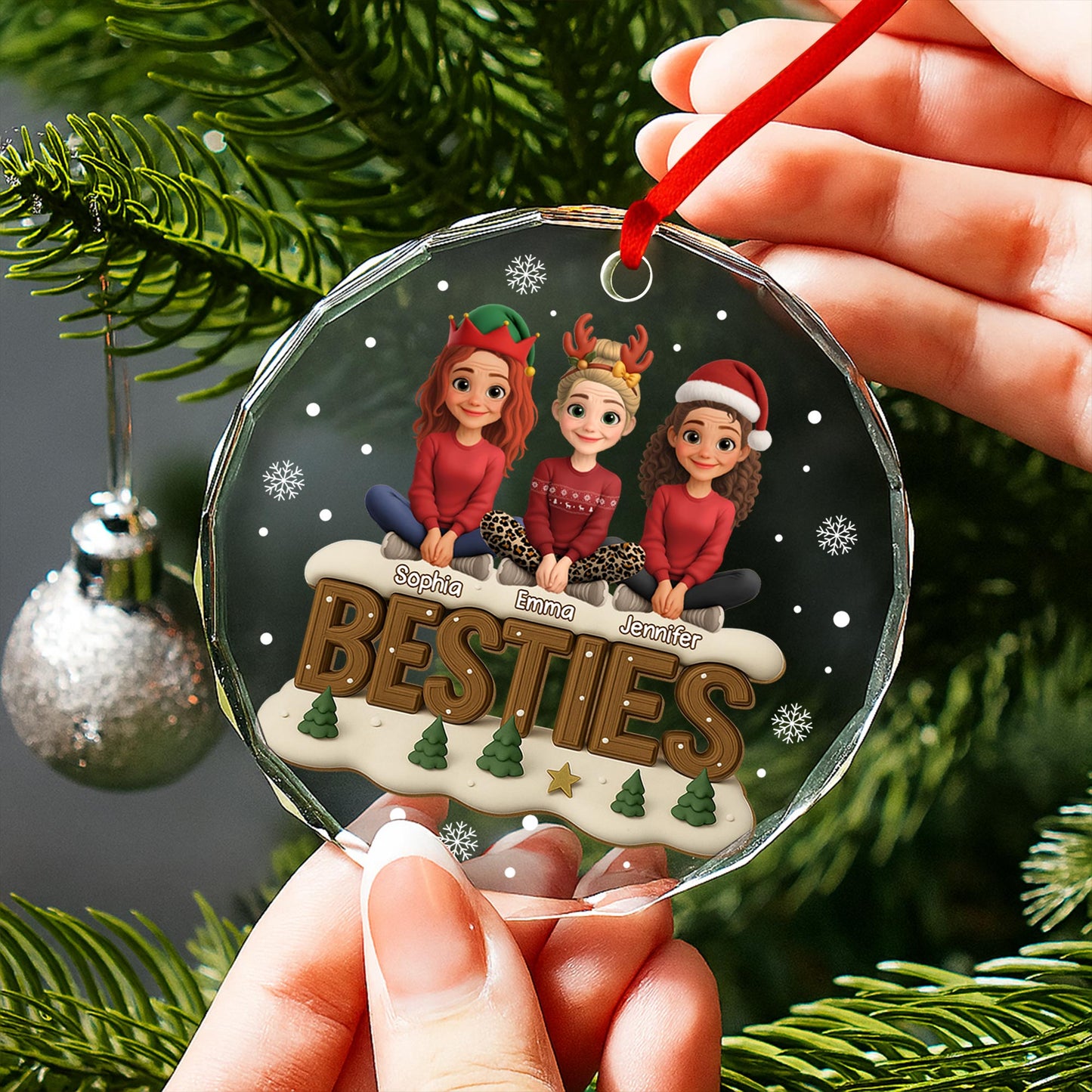 Besties With Christmas Hats and Festive Trees