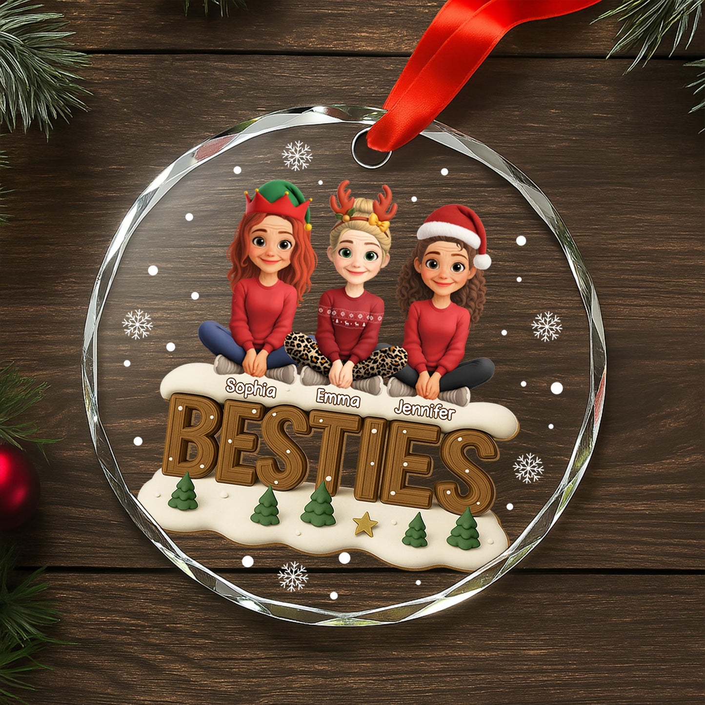 Besties With Christmas Hats and Festive Trees