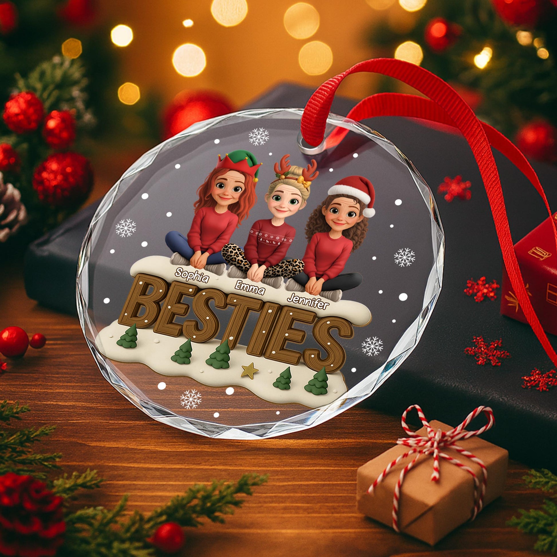 Besties With Christmas Hats and Festive Trees