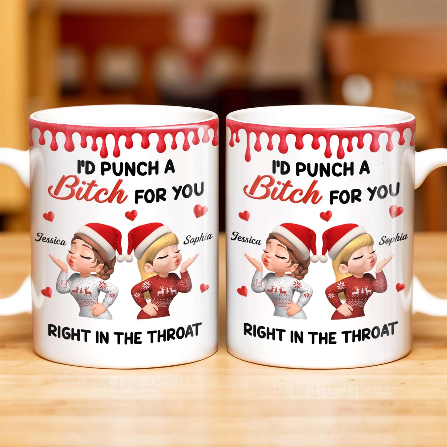 I'd Punch A [Name] For You, Santa Hats And Love Hearts Design - Personalized Custom Coffee Mug - BST458_MG