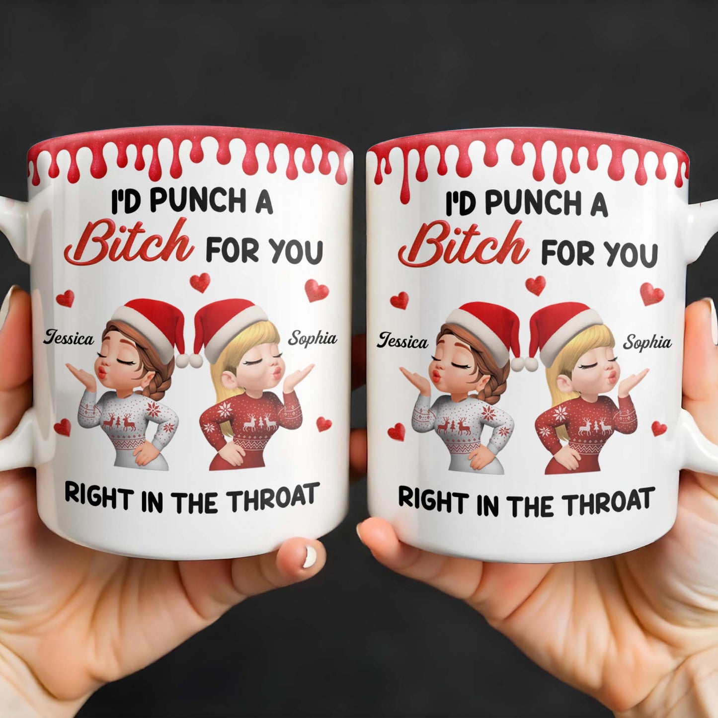 I'd Punch A [Name] For You, Santa Hats And Love Hearts Design - Personalized Custom Coffee Mug - BST458_MG