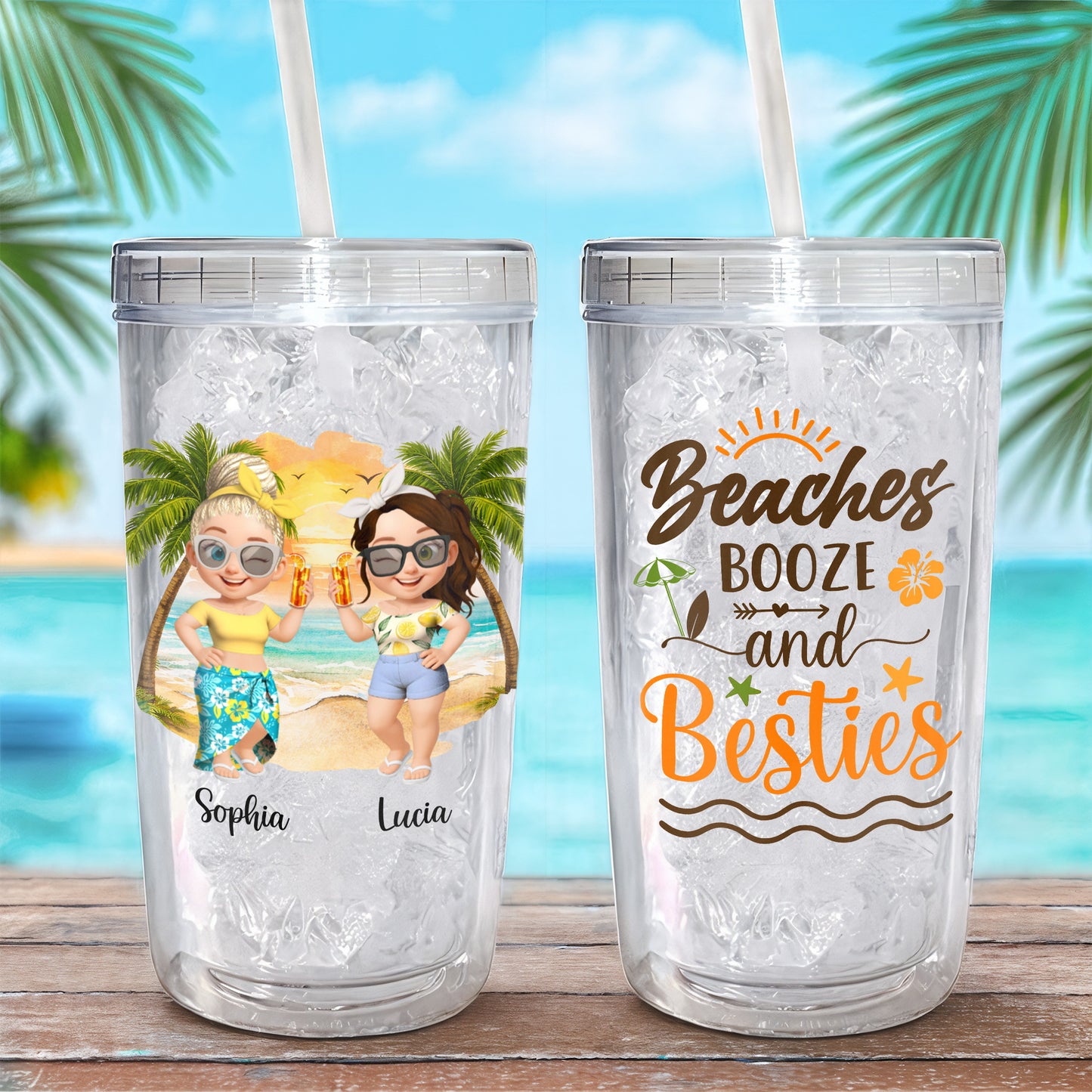 Beaches Booze And Besties With Beach And Palm Tree Design