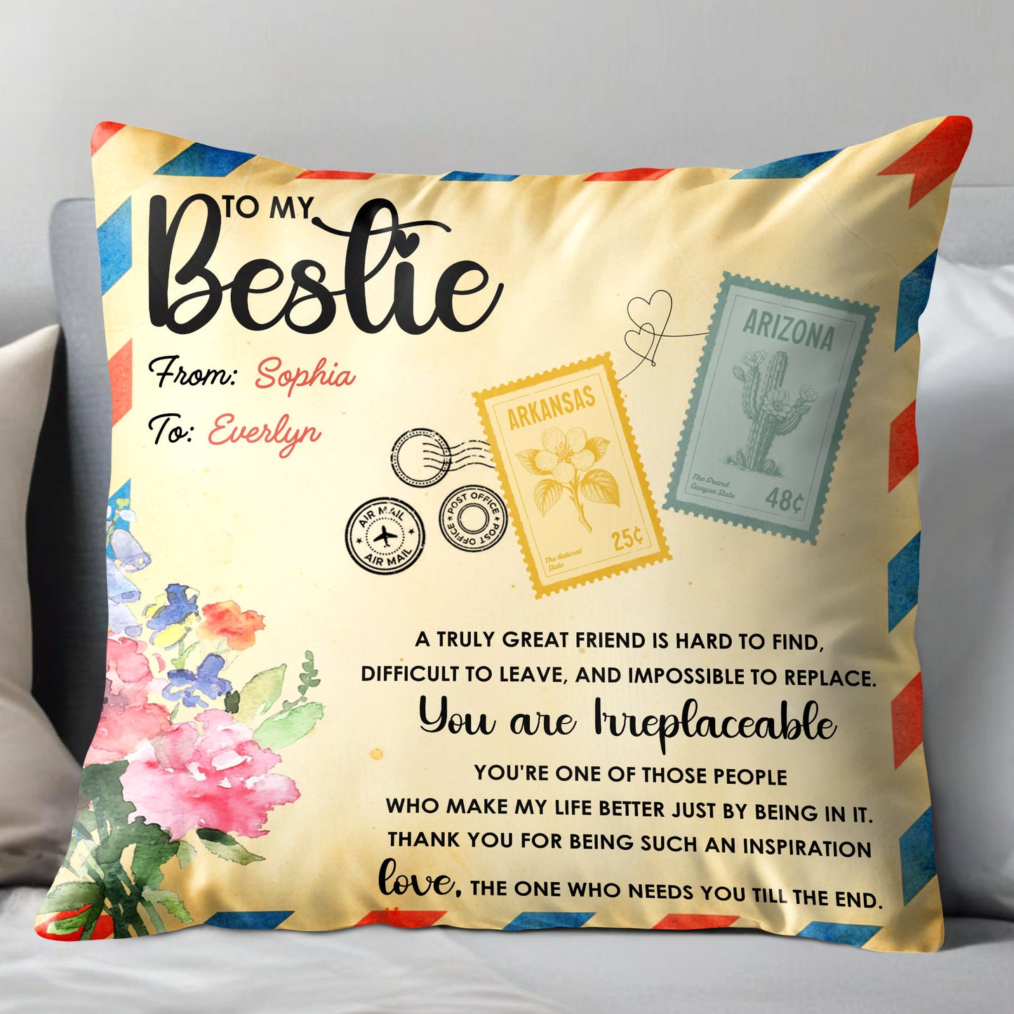 To My Bestie, Postage Stamps And Flowers Design - Personalized Custom Pillow, Insert Included - BST500_PLW