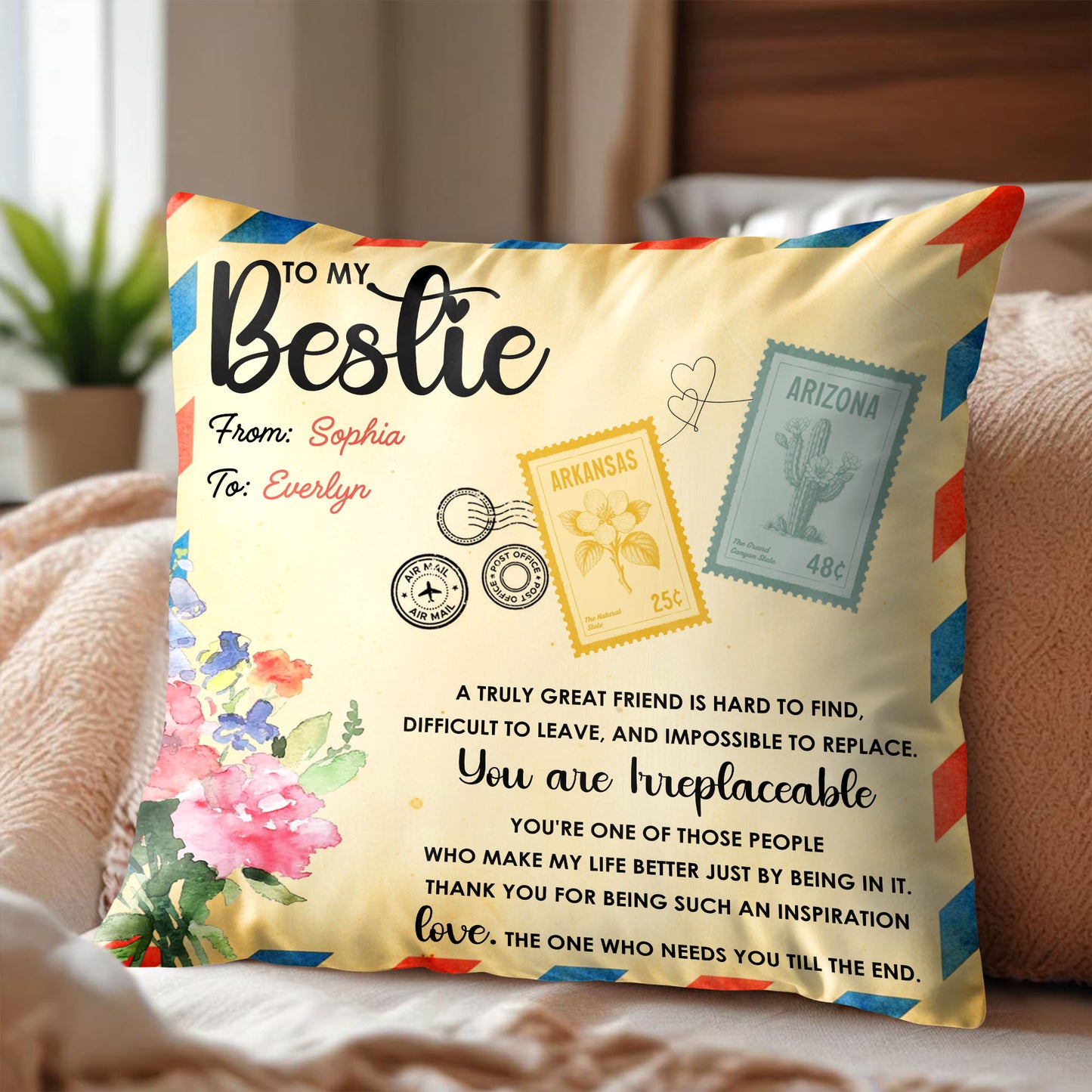 To My Bestie, Postage Stamps And Flowers Design