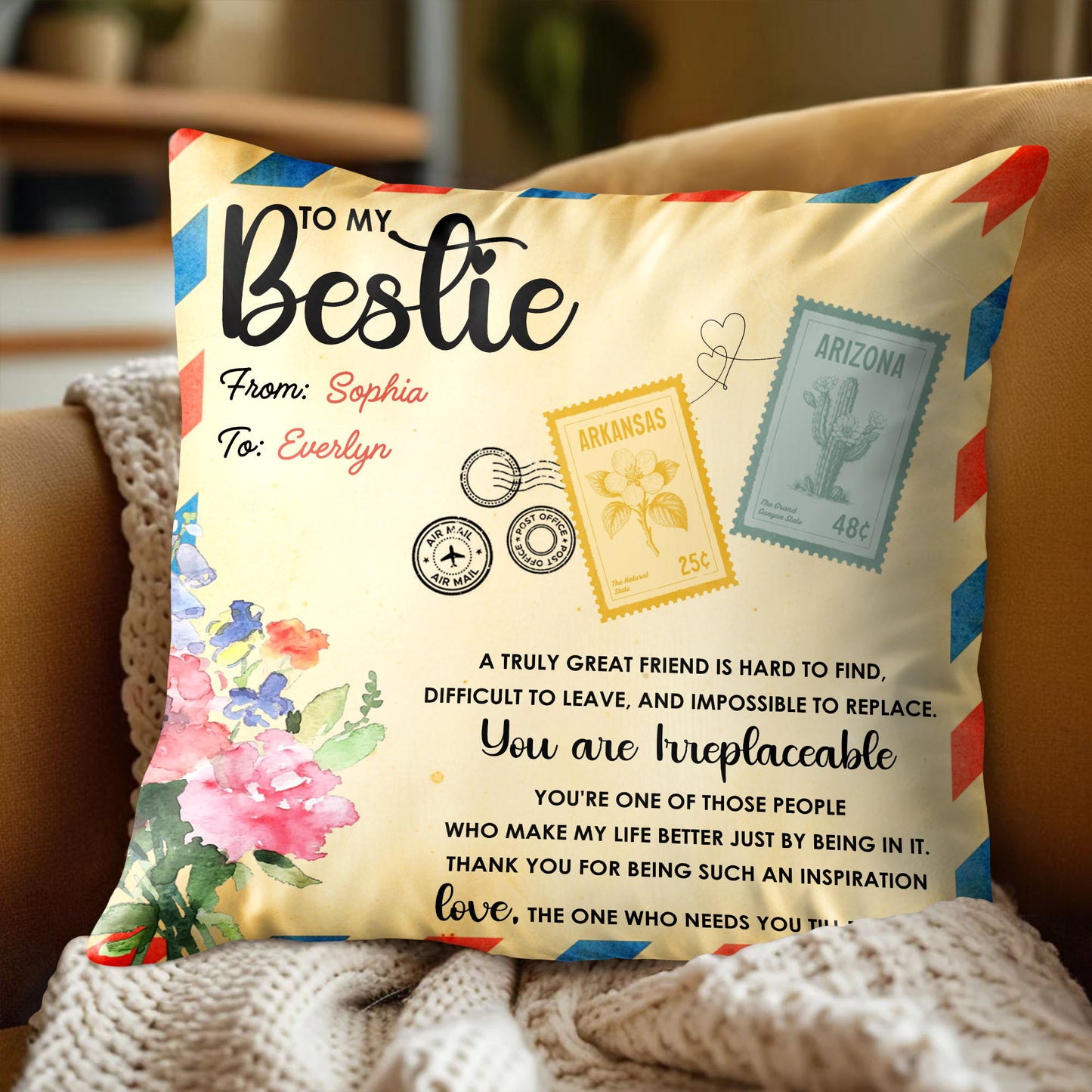 To My Bestie, Postage Stamps And Flowers Design - Personalized Custom Pillow, Insert Included - BST500_PLW