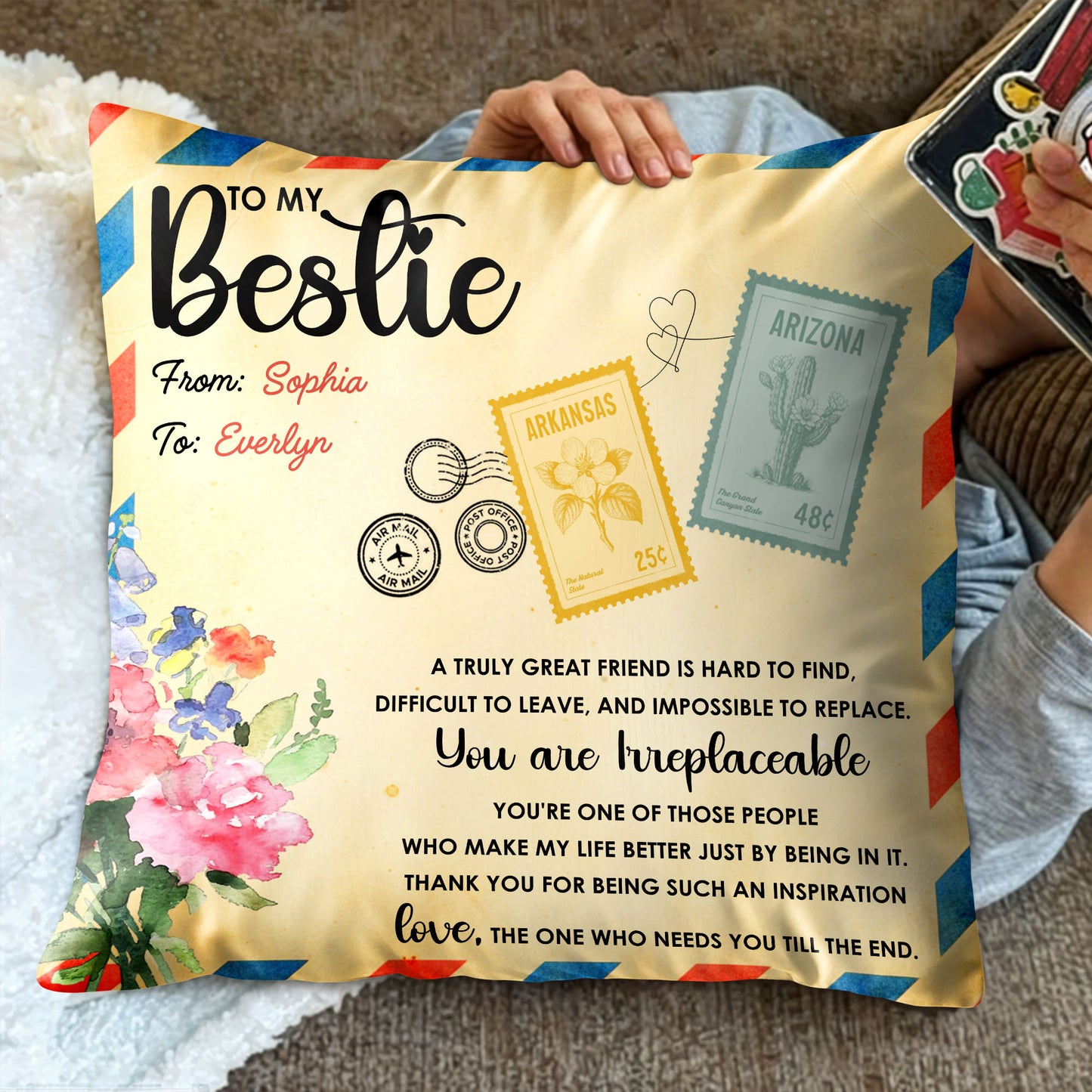 To My Bestie, Postage Stamps And Flowers Design - Personalized Custom Pillow, Insert Included - BST500_PLW