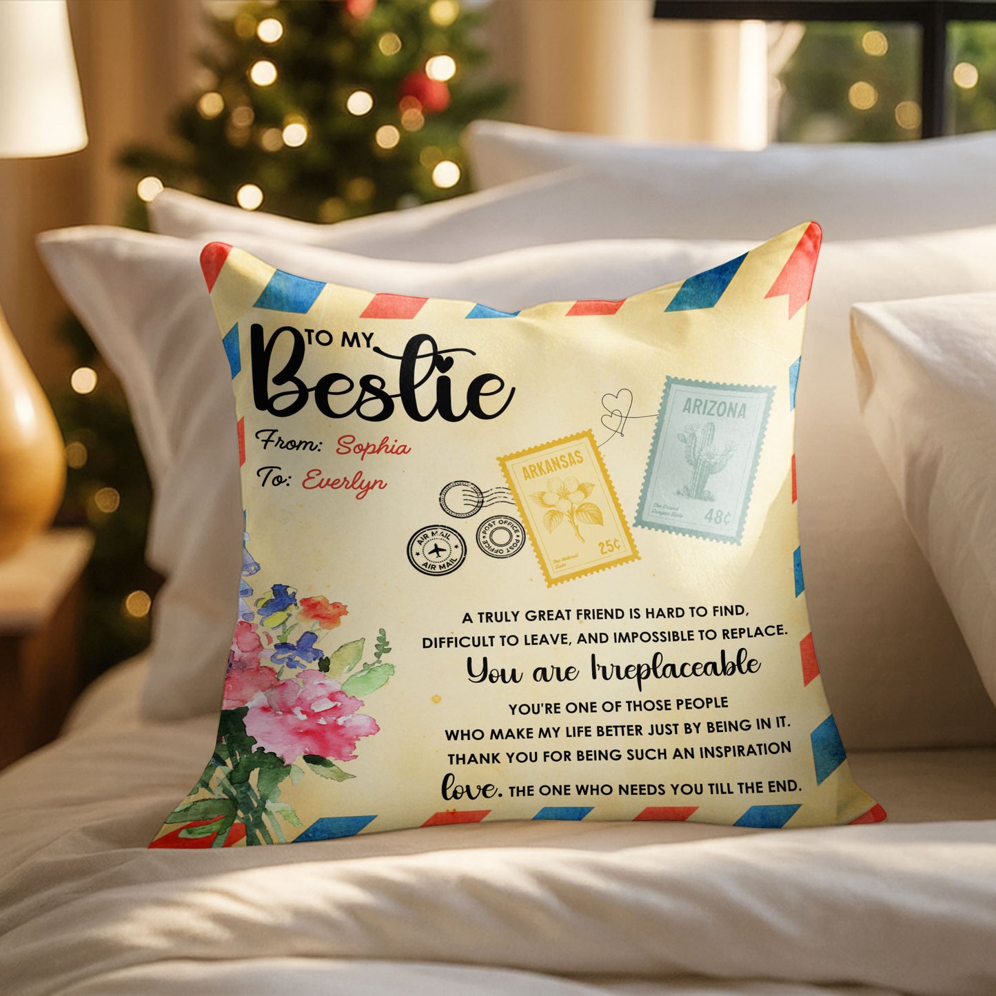 To My Bestie, Postage Stamps And Flowers Design