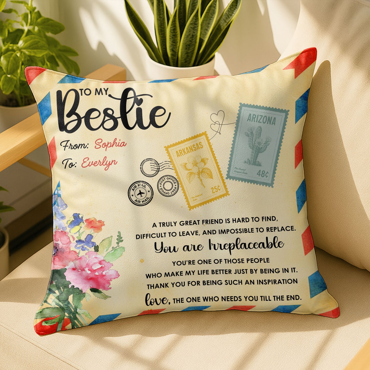 To My Bestie, Postage Stamps And Flowers Design - Personalized Custom Pillow, Insert Included - BST500_PLW