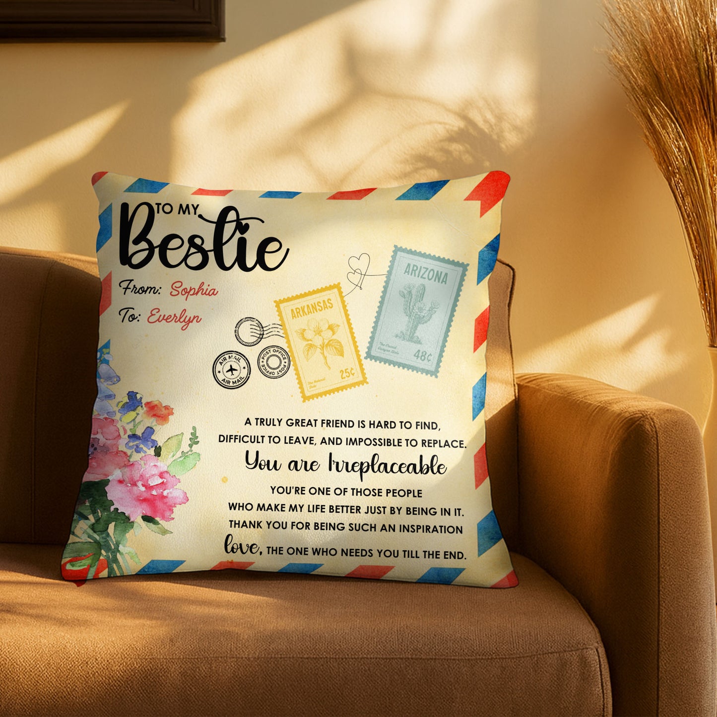 To My Bestie, Postage Stamps And Flowers Design - Personalized Custom Pillow, Insert Included - BST500_PLW