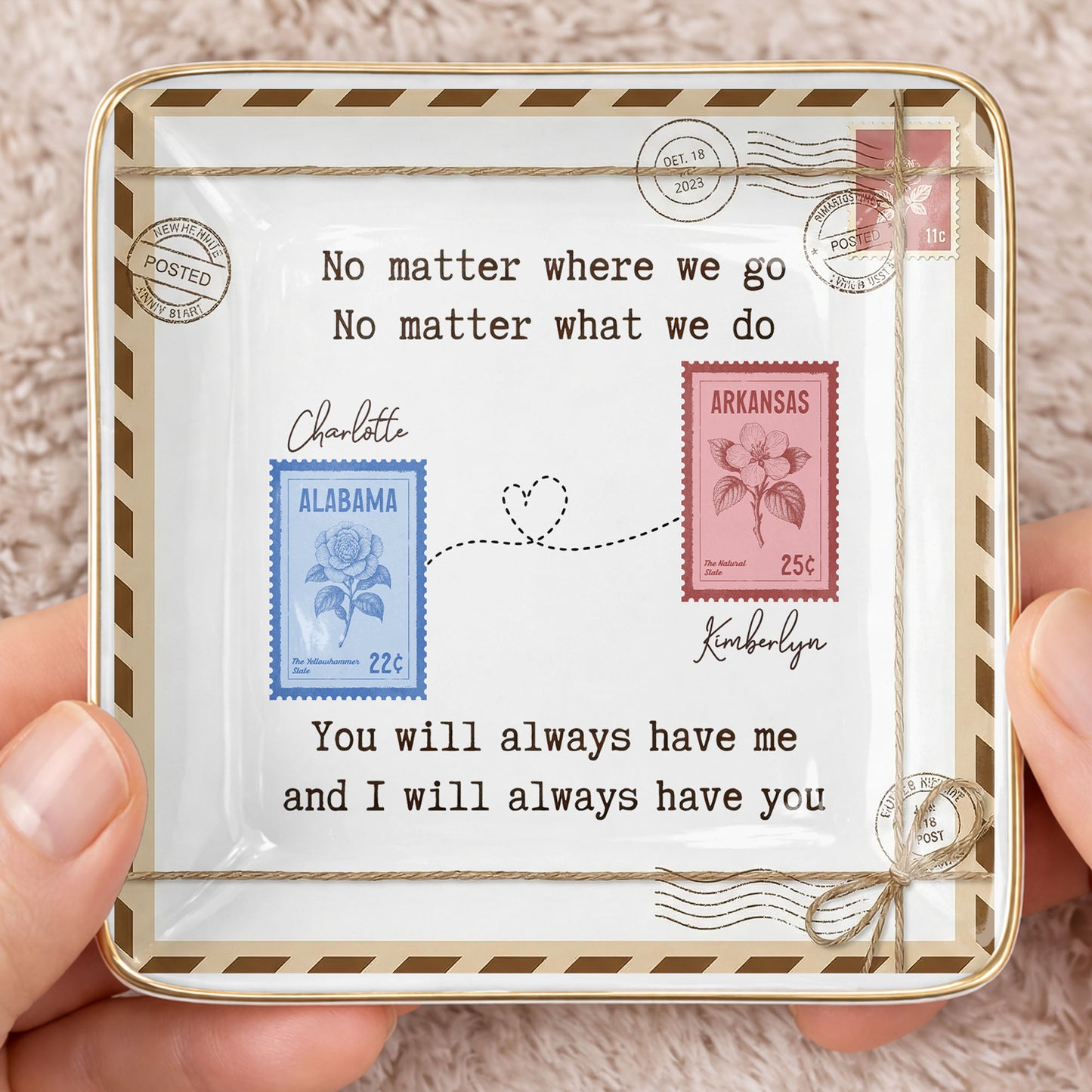 No Matter Where We Go Postage Stamp Design - Personalized Custom Jewelry Dish, Ceramic Dish, Square Shape - BST501_SCRF