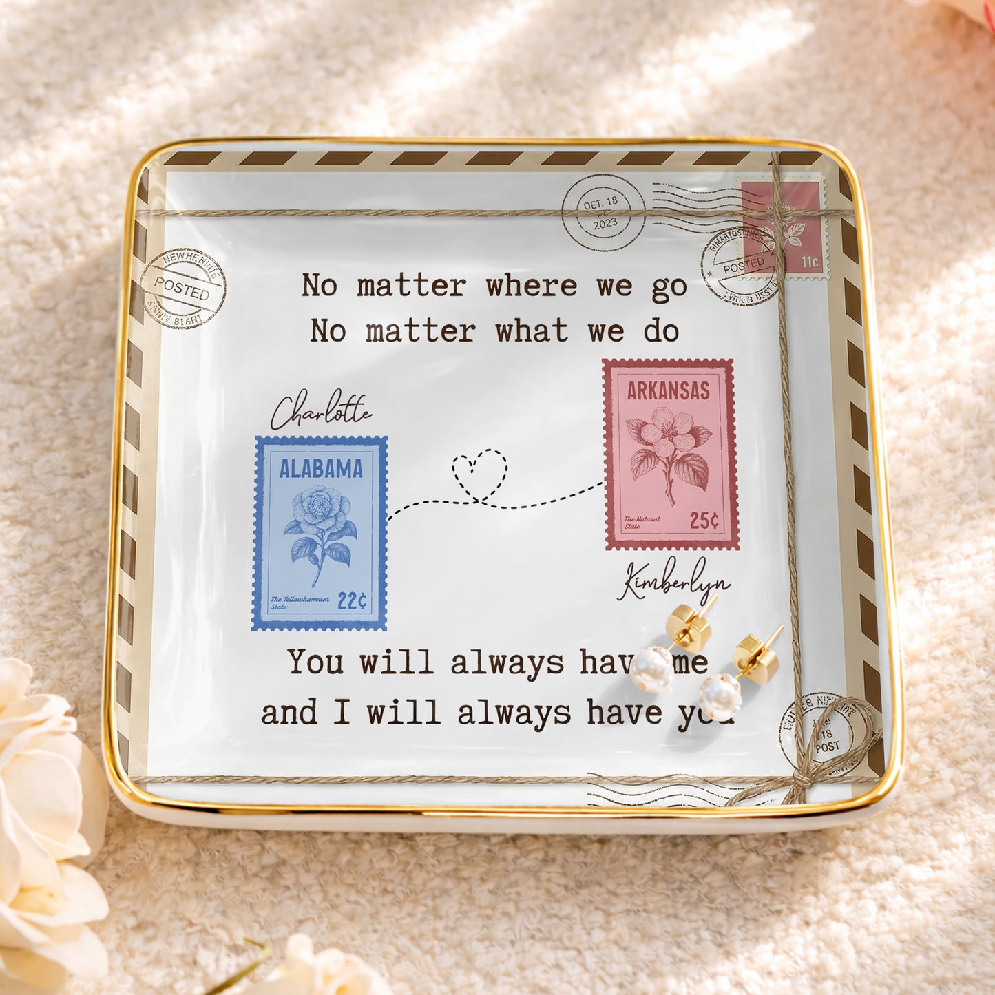 No Matter Where We Go Postage Stamp Design - Personalized Custom Jewelry Dish, Ceramic Dish, Square Shape - BST501_SCRF