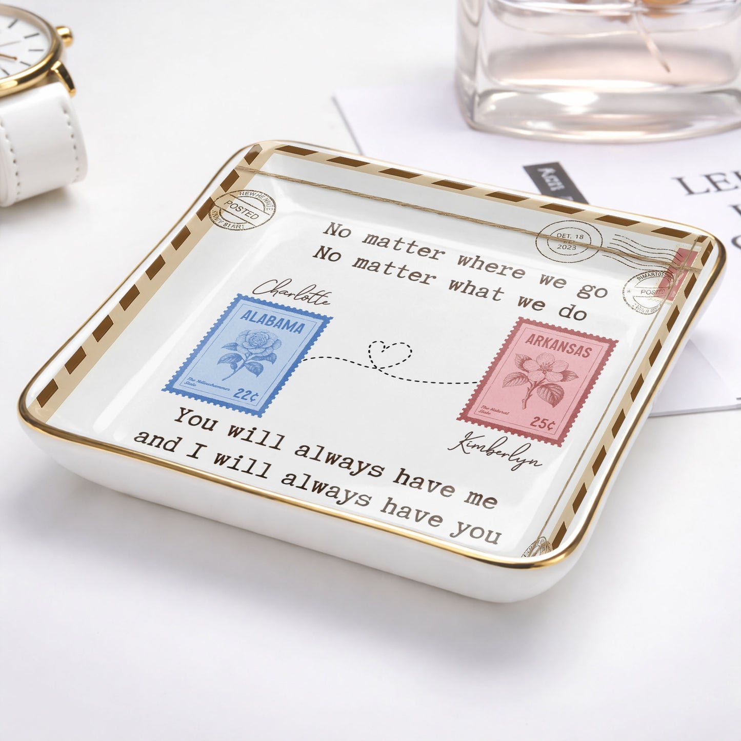No Matter Where We Go Postage Stamp Design - Personalized Custom Jewelry Dish, Ceramic Dish, Square Shape - BST501_SCRF