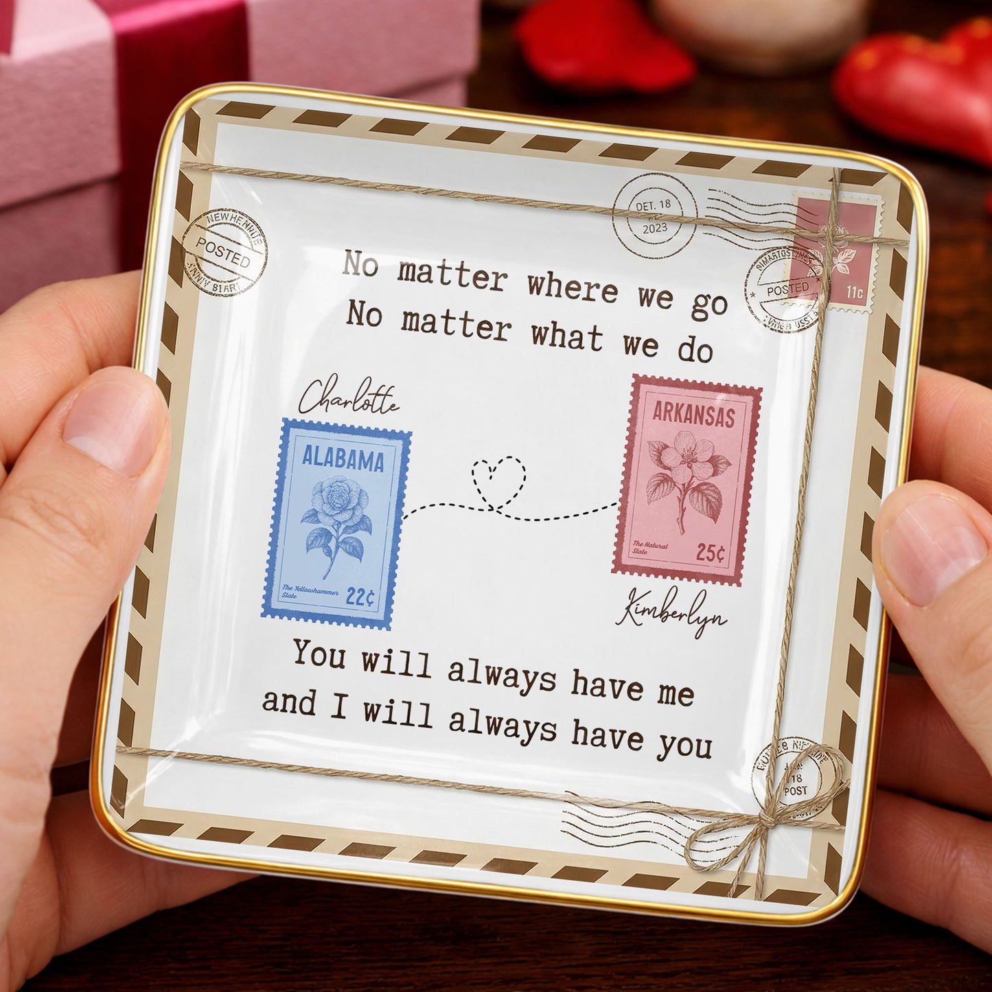No Matter Where We Go Postage Stamp Design - Personalized Custom Jewelry Dish, Ceramic Dish, Square Shape - BST501_SCRF
